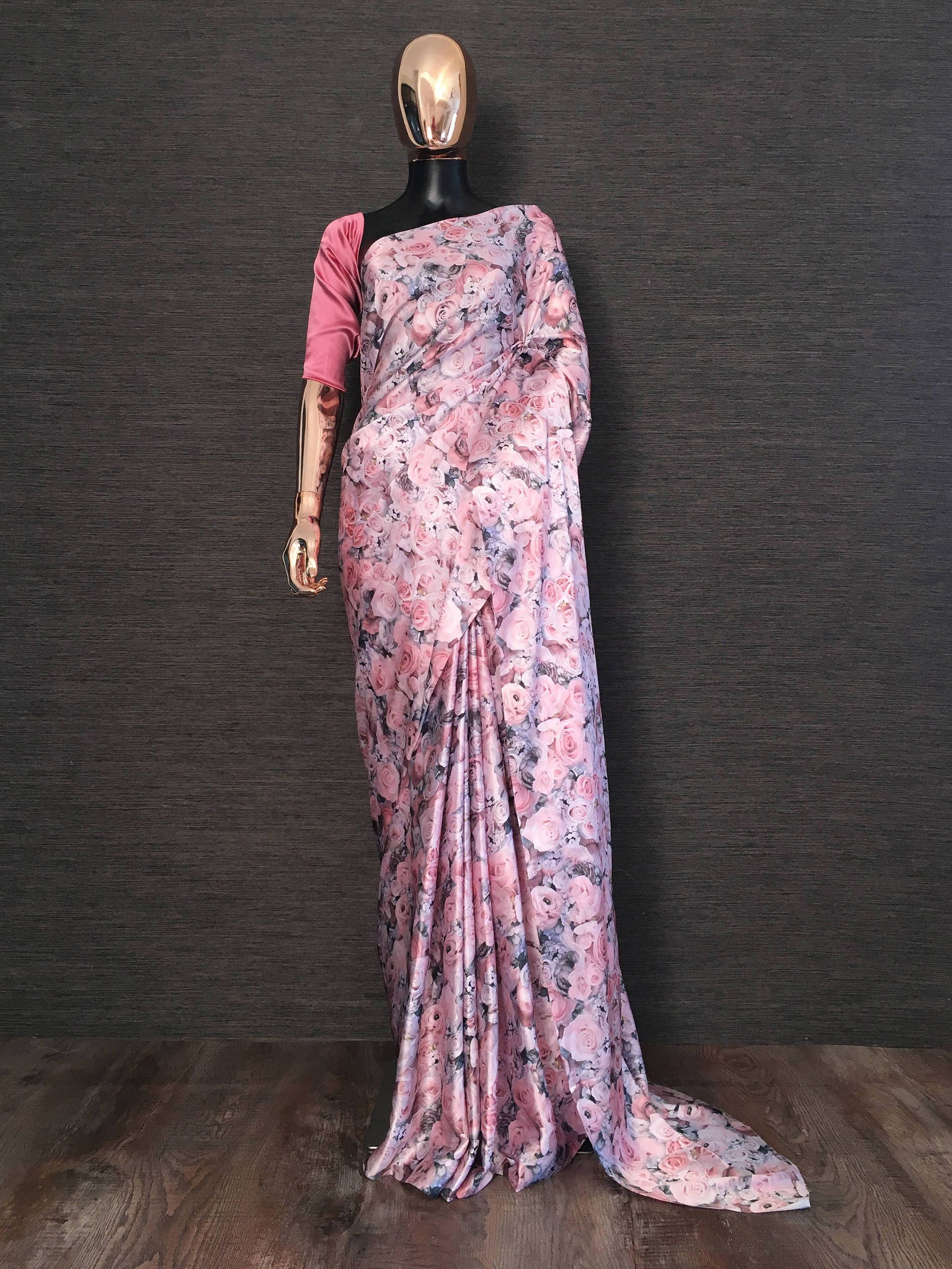 Pink Rose Printed Satin Silk Party Wear Saree 