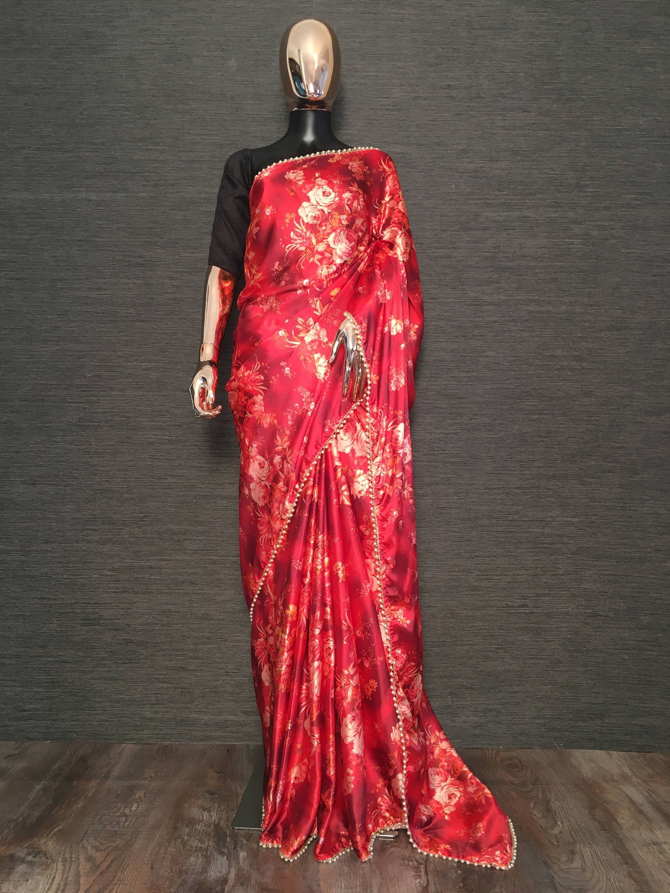 Red Floral Printed Pearl Lace Satin Silk Party Wear Saree 