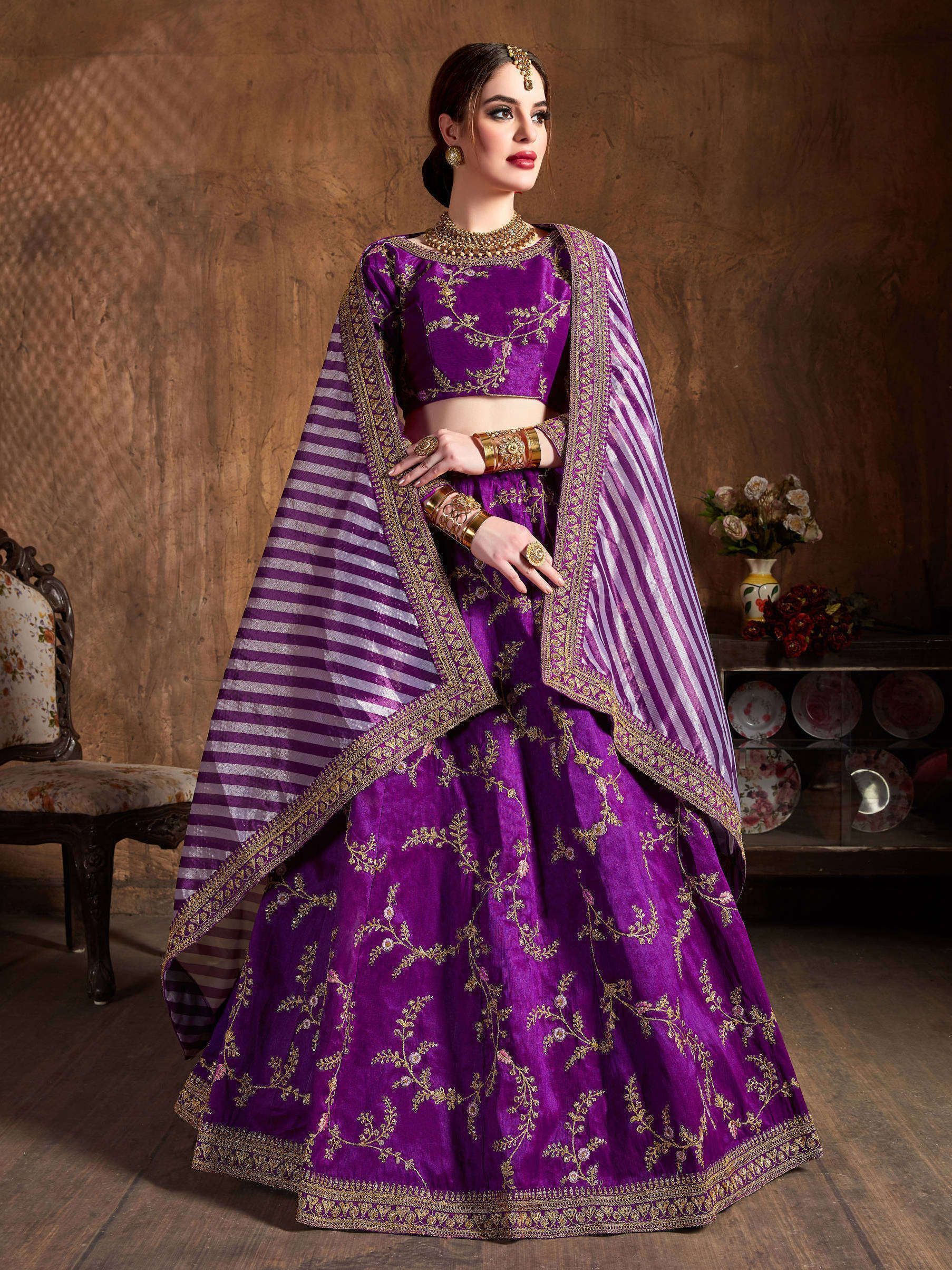 Purple Embroidery Mulberry Silk Bridal Lehenga Choli With Striped Dupatta (Default)