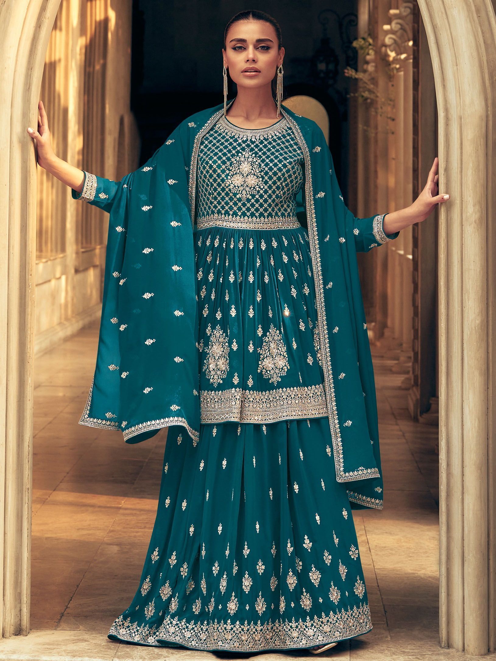Awesome Blue Embroidered Georgette Gharara Suit With Dupatta
