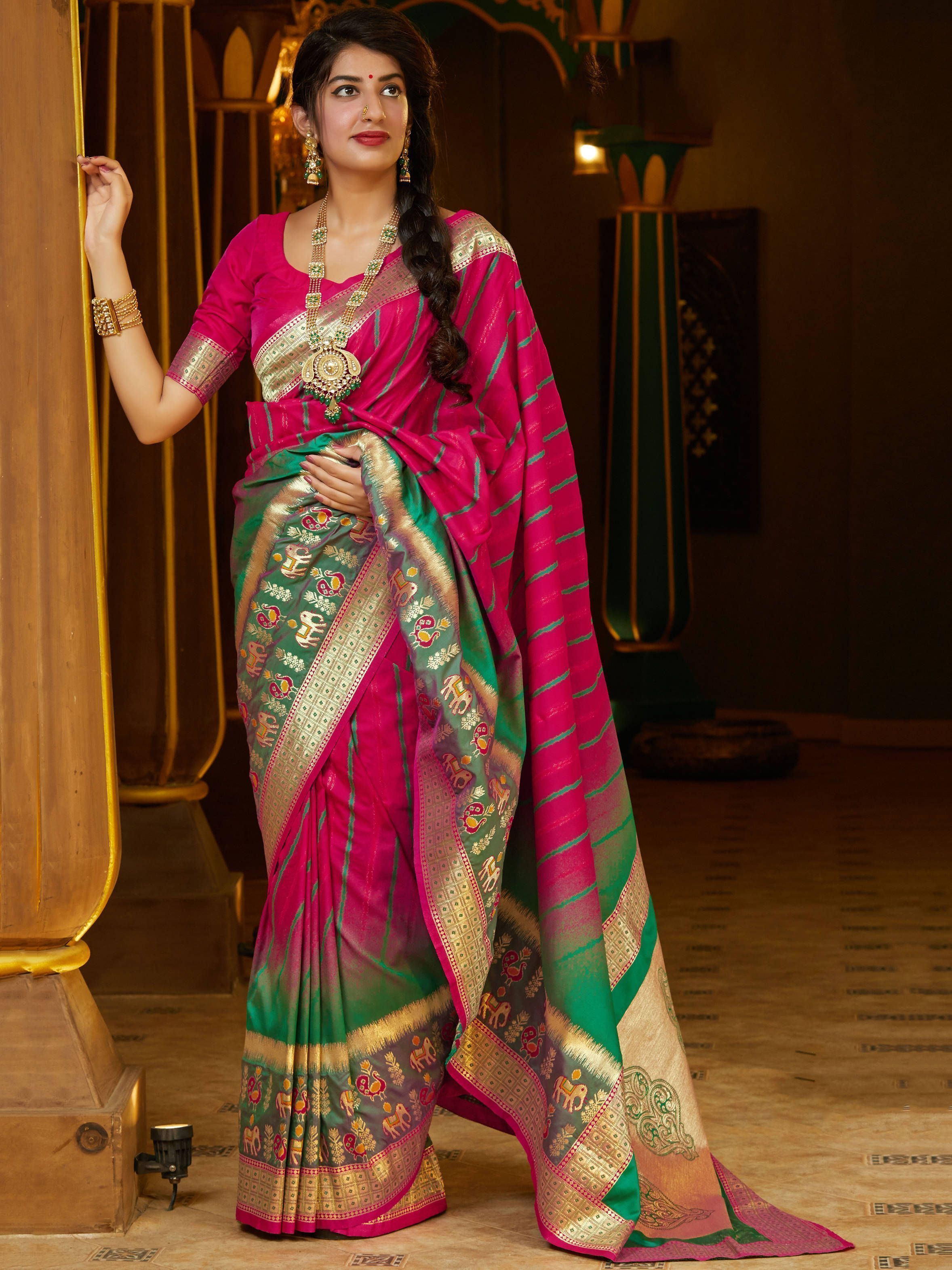 Green & Pink Soft Silk Festive Wear Saree With Blouse