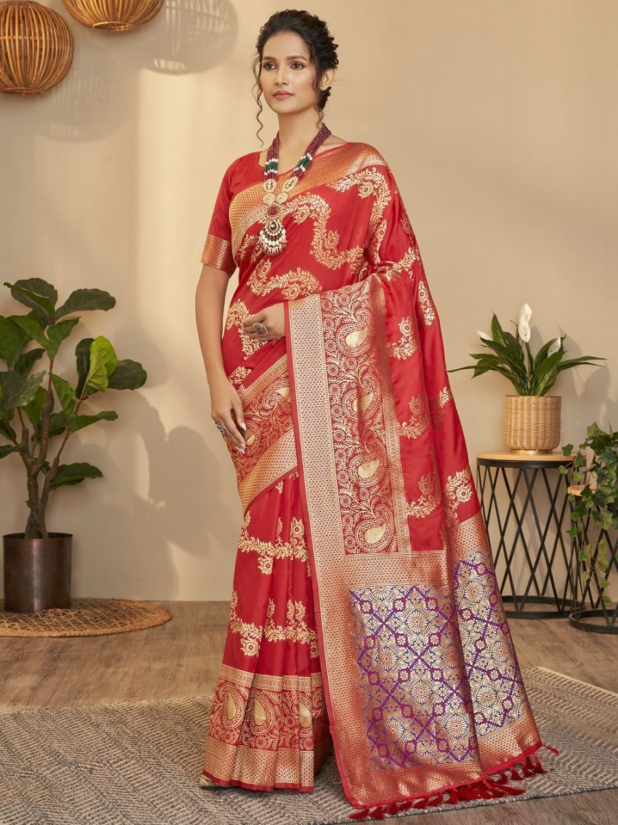 Buy Red Zari Weaving Banarasi Silk Saree At Ethnic Plus