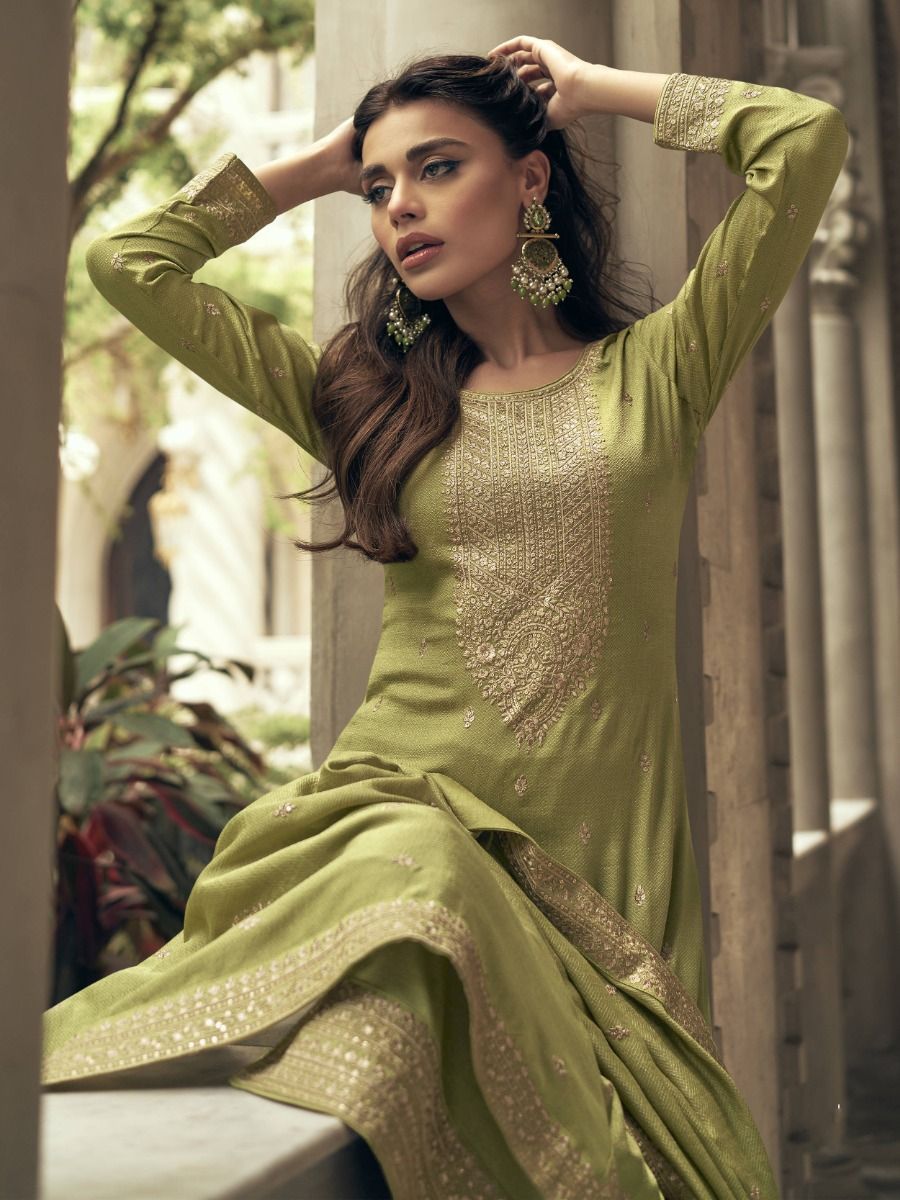 Exquisite Art Silk Fabric Festive Wear Salwar Suit In Mehendi Green Color
