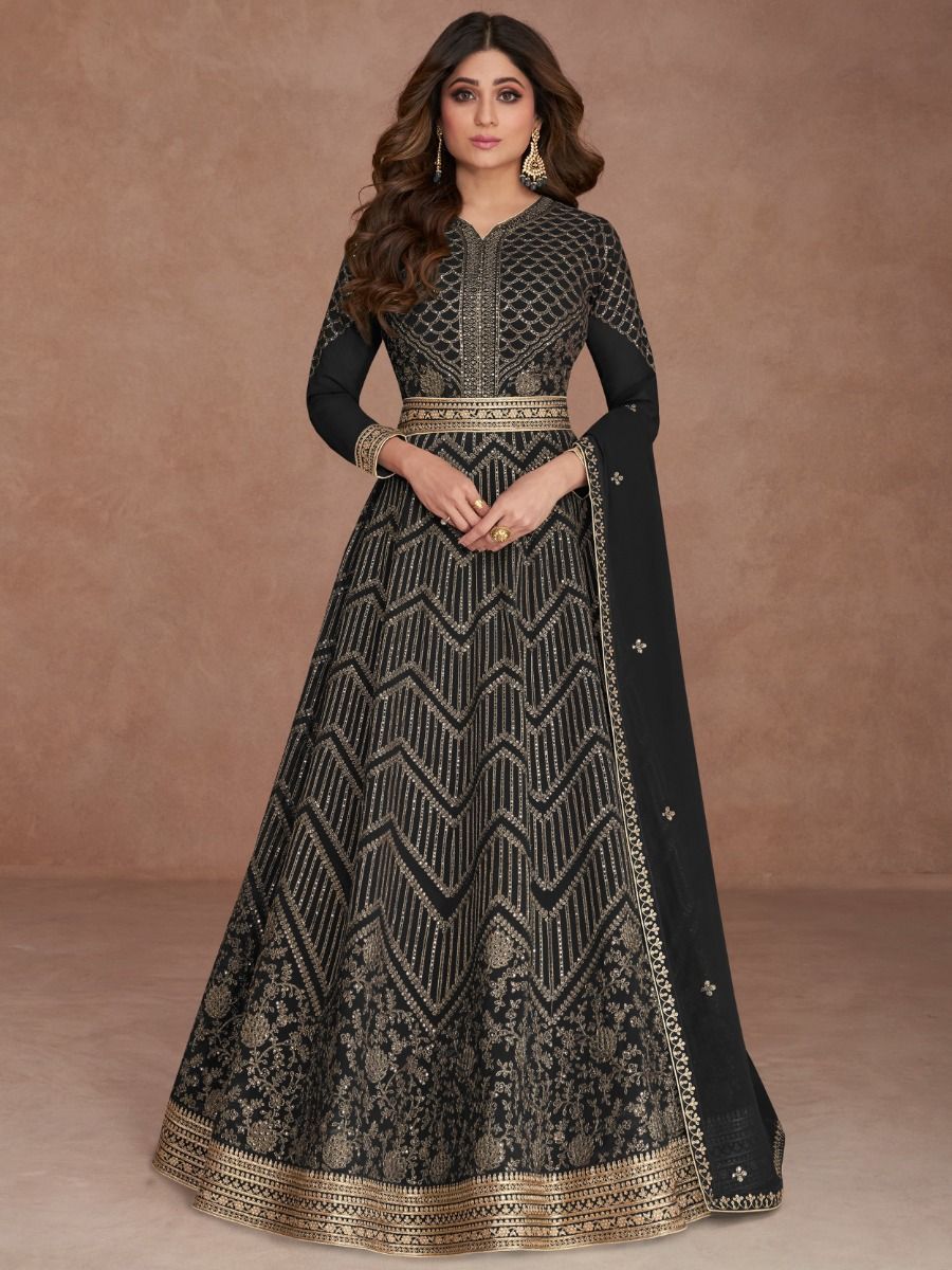 Gorgeous Black Sequined Georgette Party Wear Gown With Dupatta