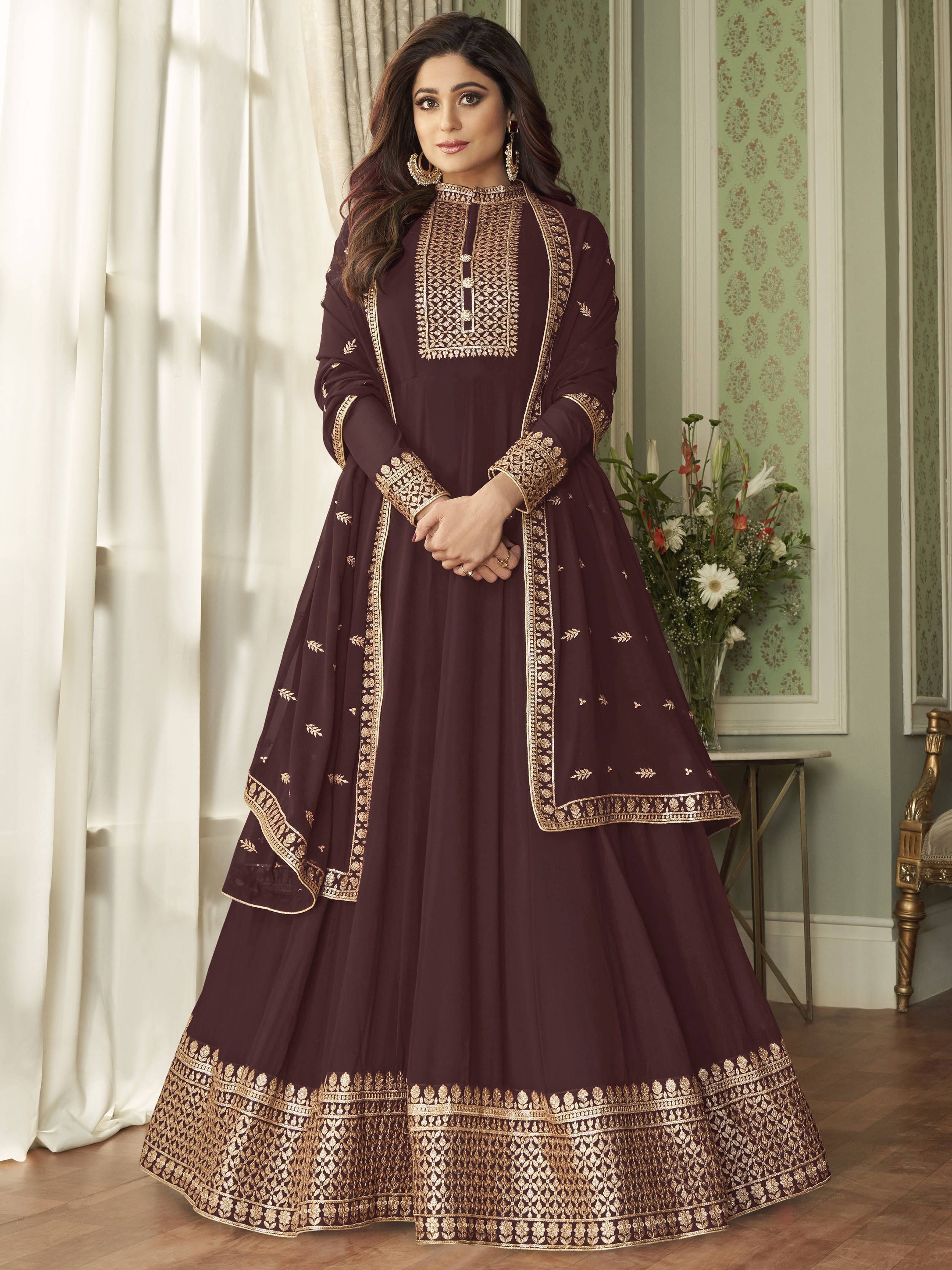 Buy SCAKHI Grey Moss Satin Embroidered Anarkali Gown With Net Dupatta   Shoppers Stop