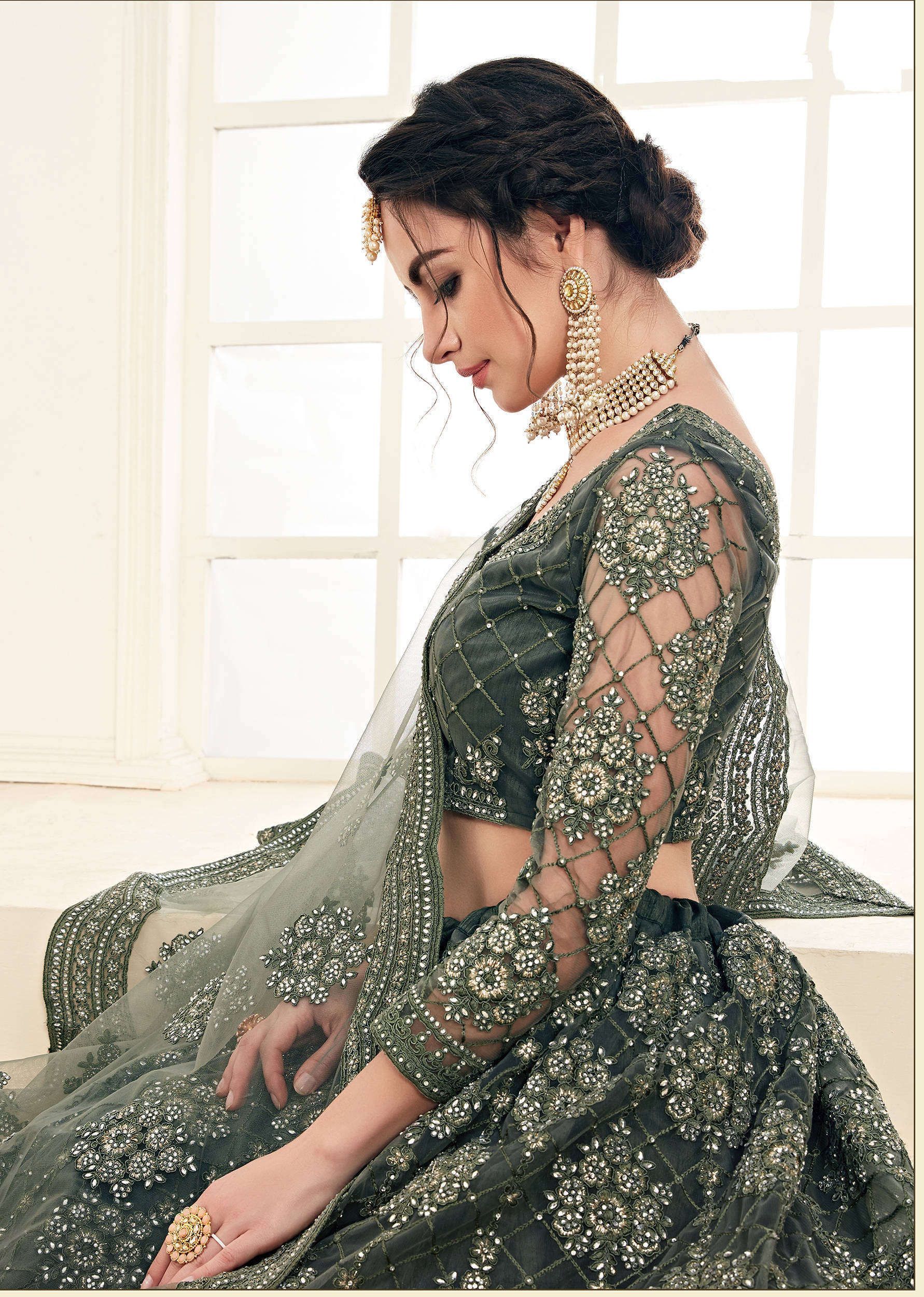 Buy Mehendi Green Coding Work Embroidered Net Bridal Lehenga Choli Online  from EthnicPlus for ₹9,349.00
