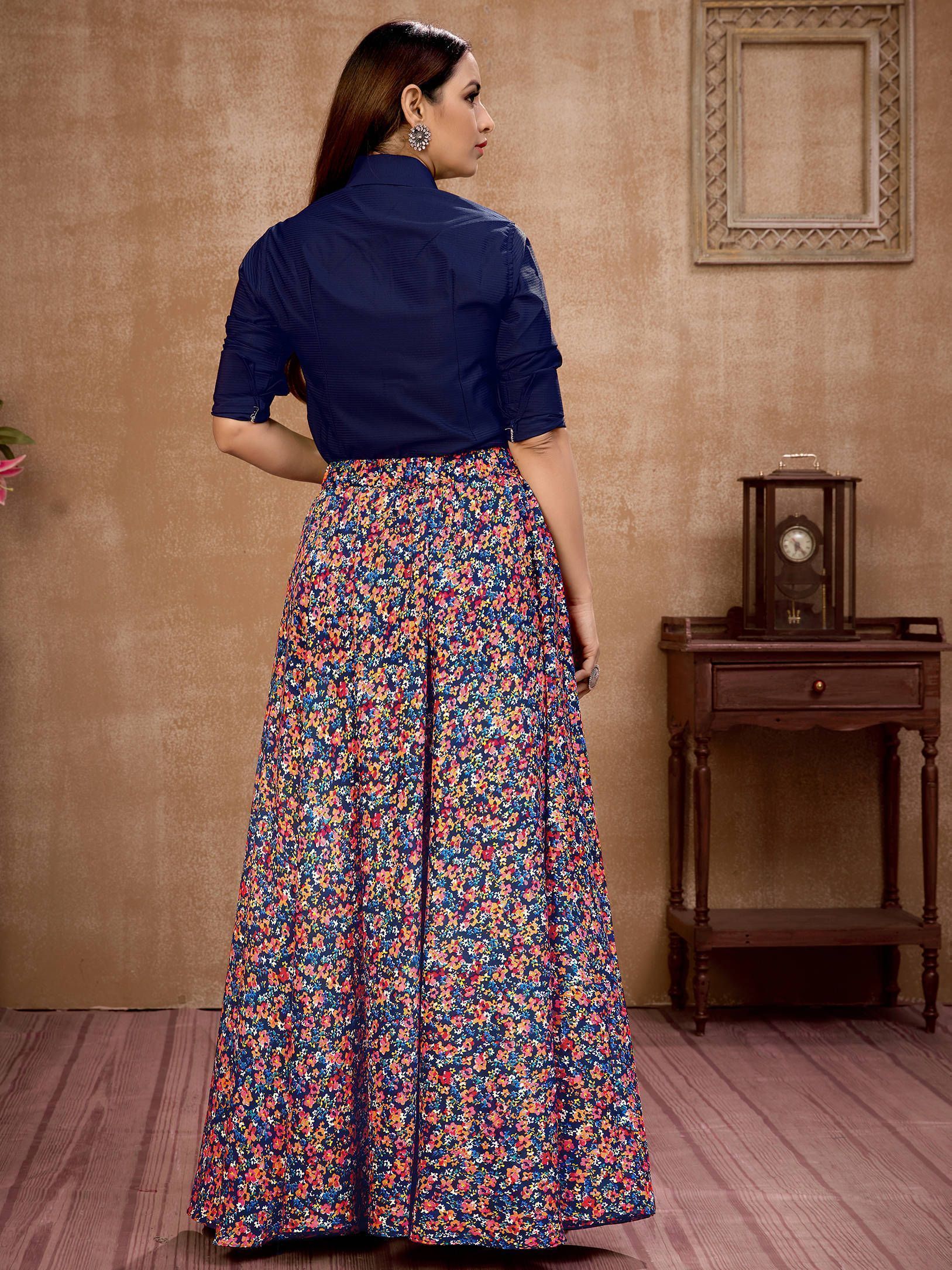 Buy Navy Blue Floral Silk Indo-Western Ready To Wear Skirt With Shirt