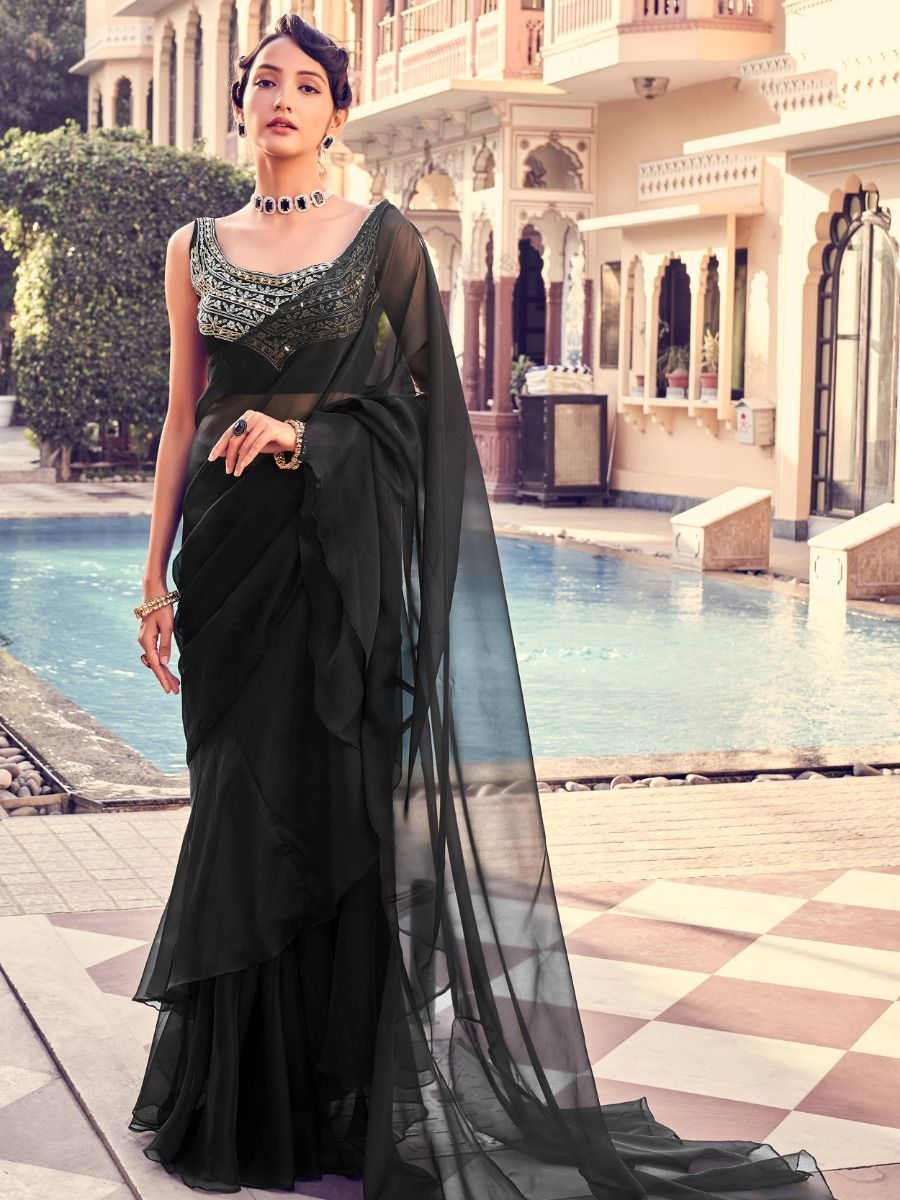 Buy Black Zari Work Organza Cocktail Party Frill Saree With Blouse ...
