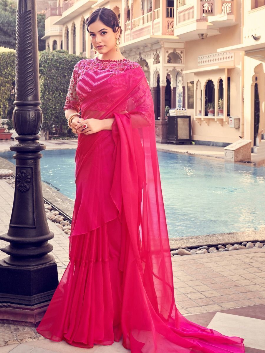 Rani Color Ruffle Saree, Digital Printed Ruffle Saree, Party Wear Bollywood  Style Wedding Wear Saree Bold and Beautiful Saree, Ruffel Saree - Etsy