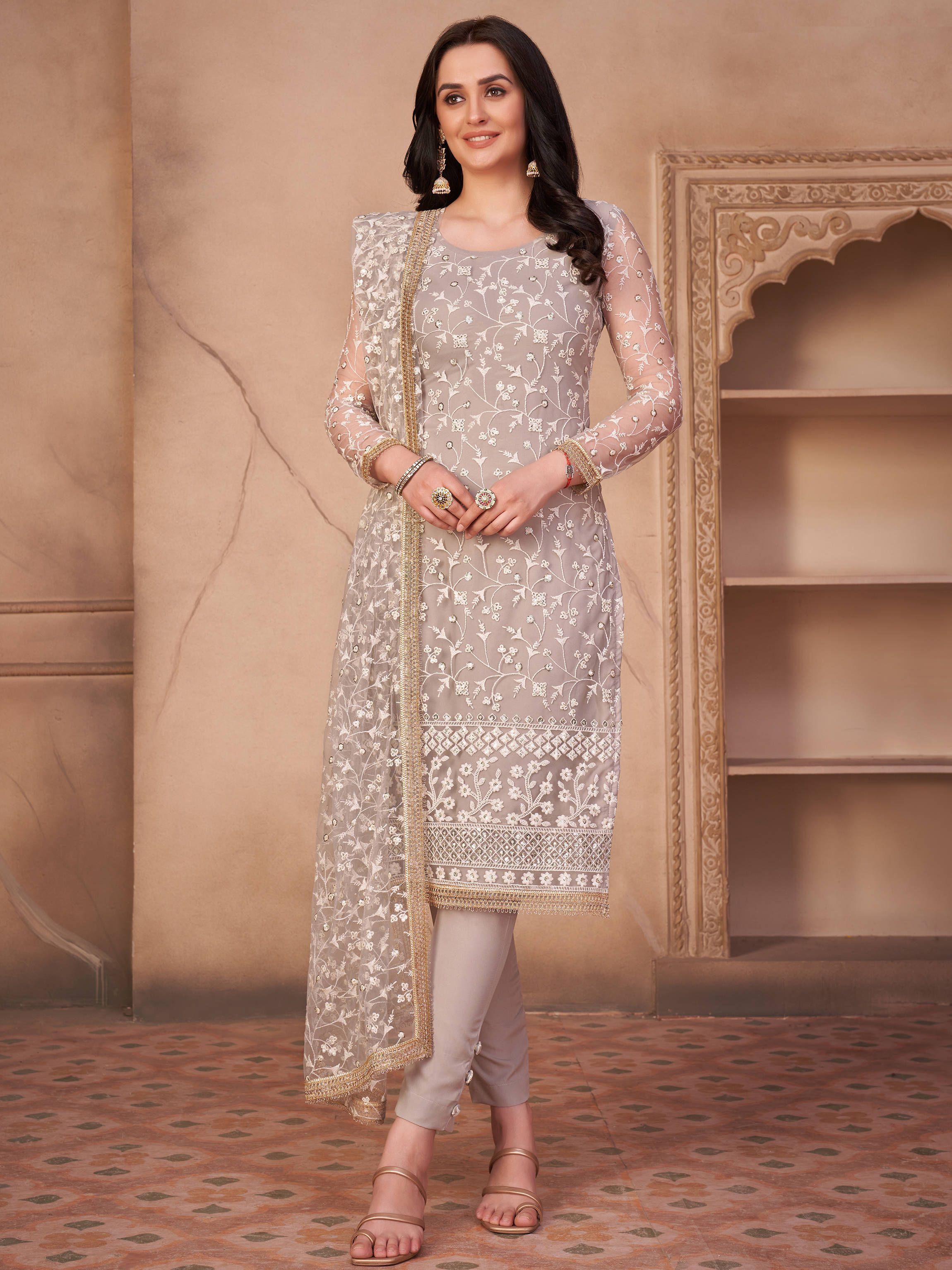 Buy Grey Embroidered Net Festive Pant Salwar Suit from Ethnic Plus