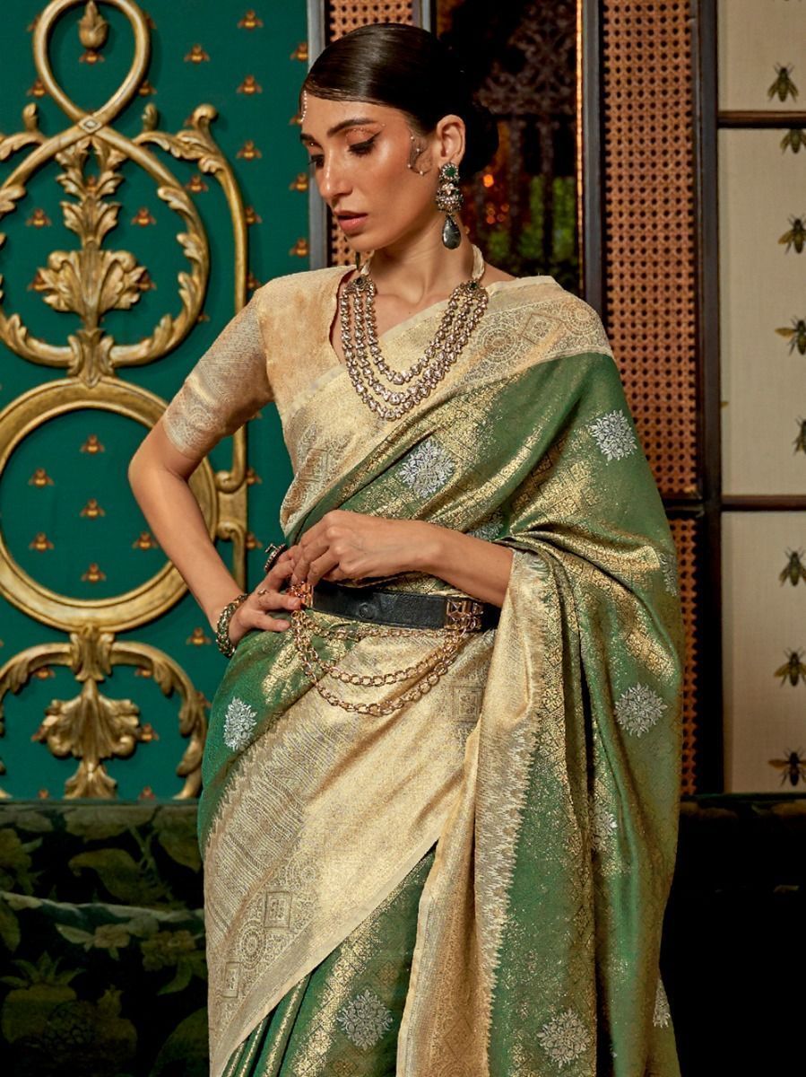 Golden Beige Handloom Chanderi Silk Saree With Bird Motifs – WeaverStory