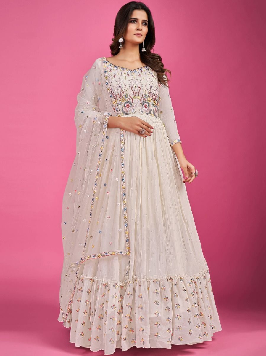 Marvelous Pista Color Embroidery Thread Work Gown - Clothsvi