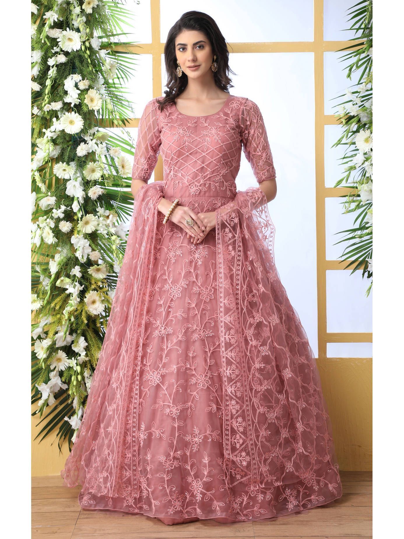 Buy Onion Pink Net Long Gown | Indian bridesmaid dresses, Pink lehenga,  Long dress design