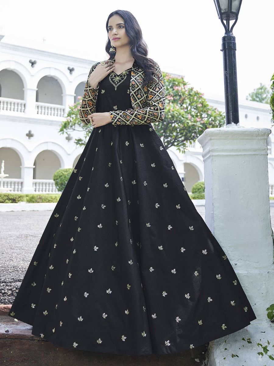 Buy Black Cotton Embroidered Party Wear Anarkali Gown With Muti ...