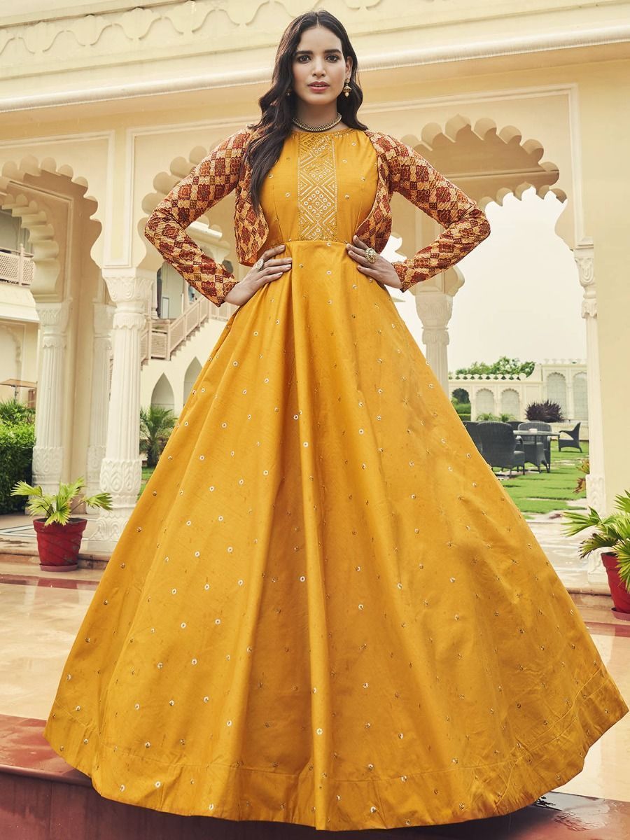 Buy Wonderful Mustard Yellow Sequins Work Cotton Gown With Jacket Online At  Ethnic Plus