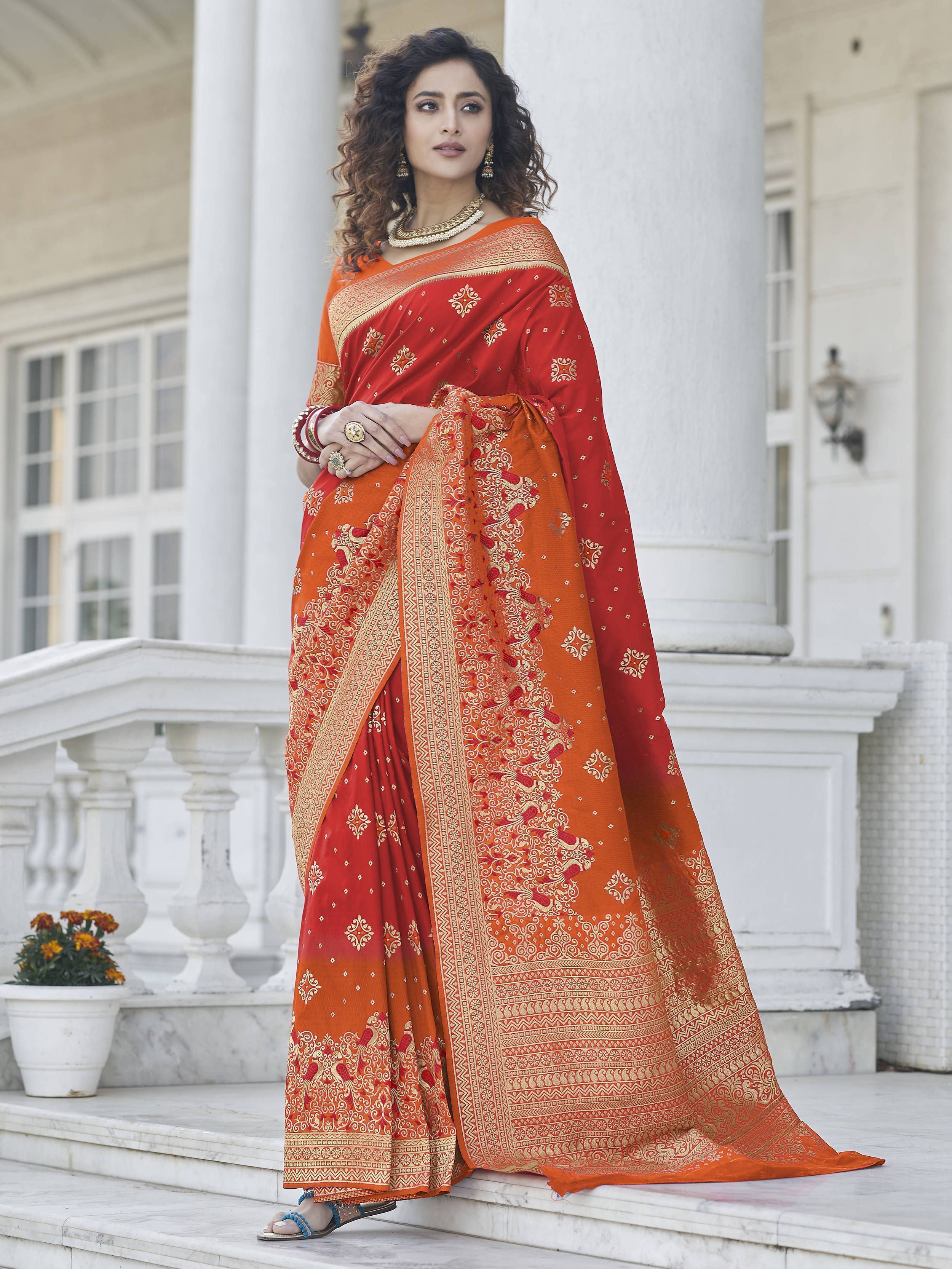 Buy online Orange Self Design Banarasi Saree With Blouse from ethnic wear  for Women by Sangam Prints for ₹4999 at 60% off | 2024 Limeroad.com