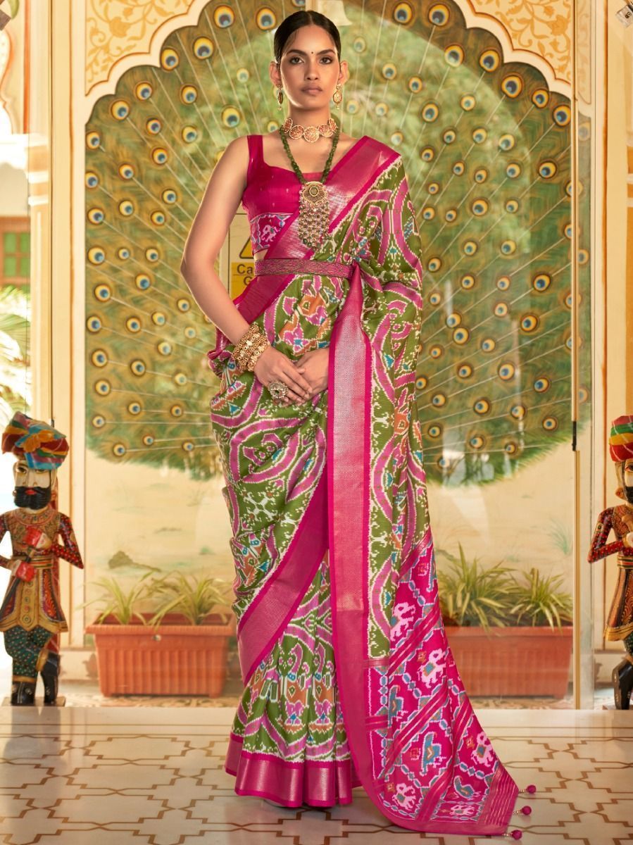 Buy Green And Pink Patola Printed Dola Silk Saree At Ethnic plus