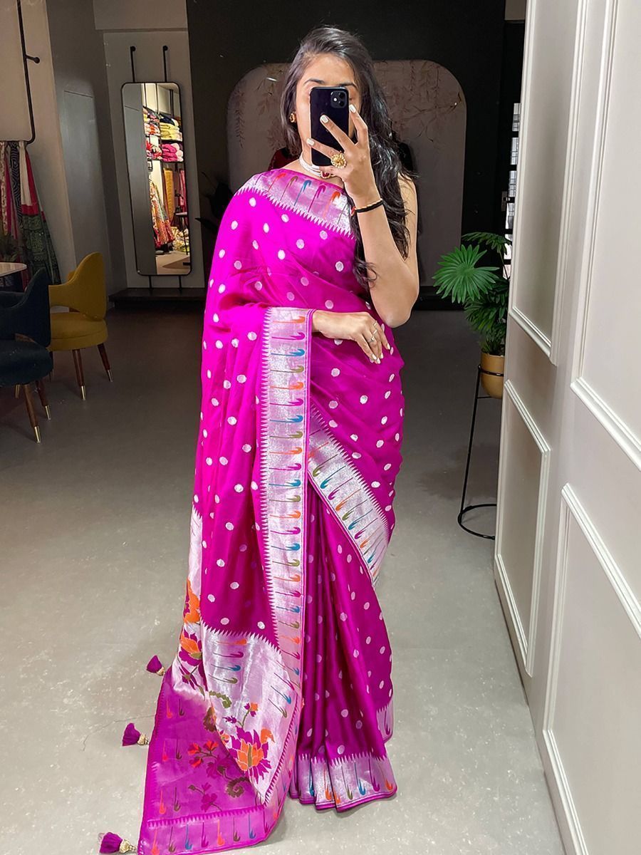 Buy Rani Pink Zari Weaved Viscose Festive Wear Saree With Blouse