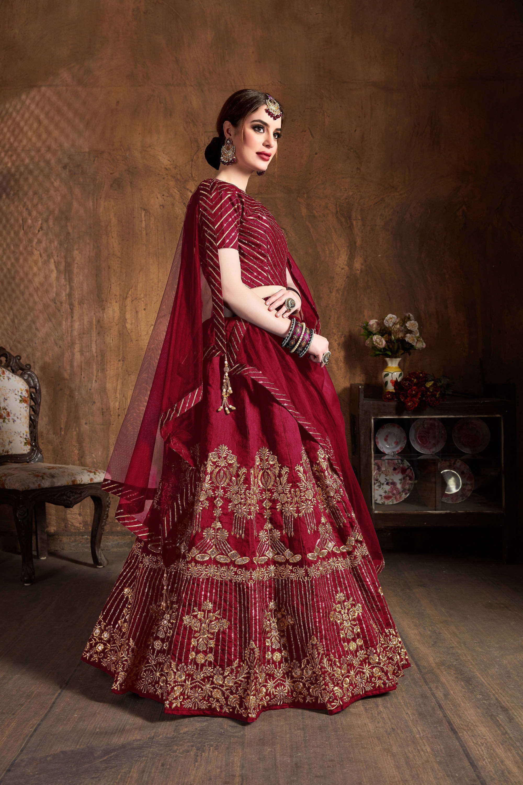 Buy Red Zari Embroidery Art Silk Bridal Lehenga Choli With Dupatta ...