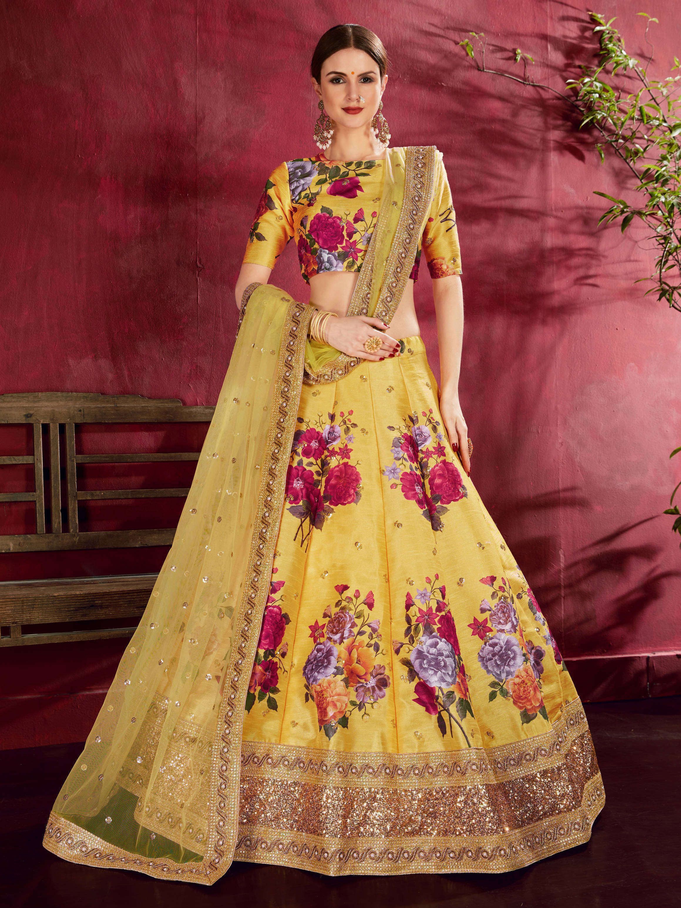 Buy Lovely Yellow Floral Digital Printed & Embroidered Lehenga Choli –  Empress Clothing
