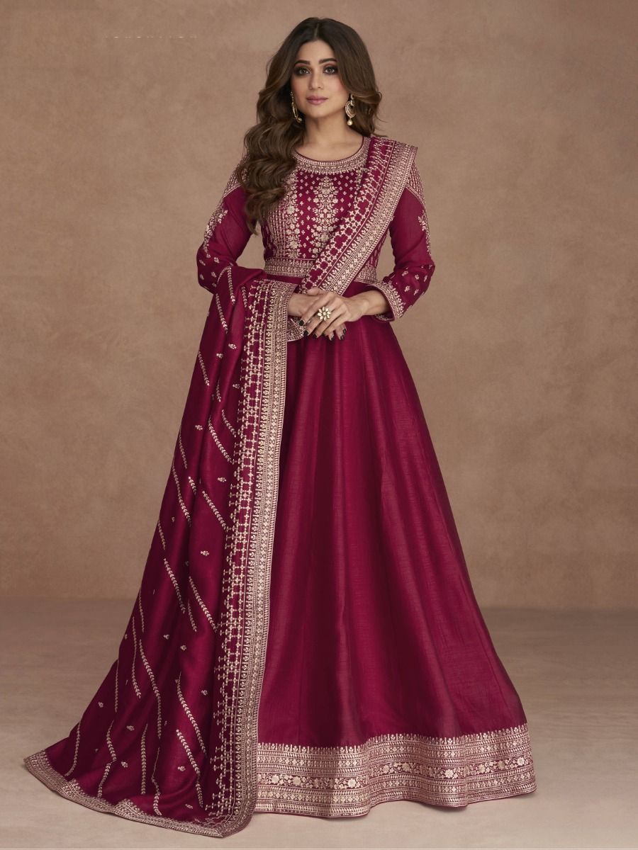 Buy Magenta Zari Embroidered Silk Party Wear Gown From Ethnic Plus