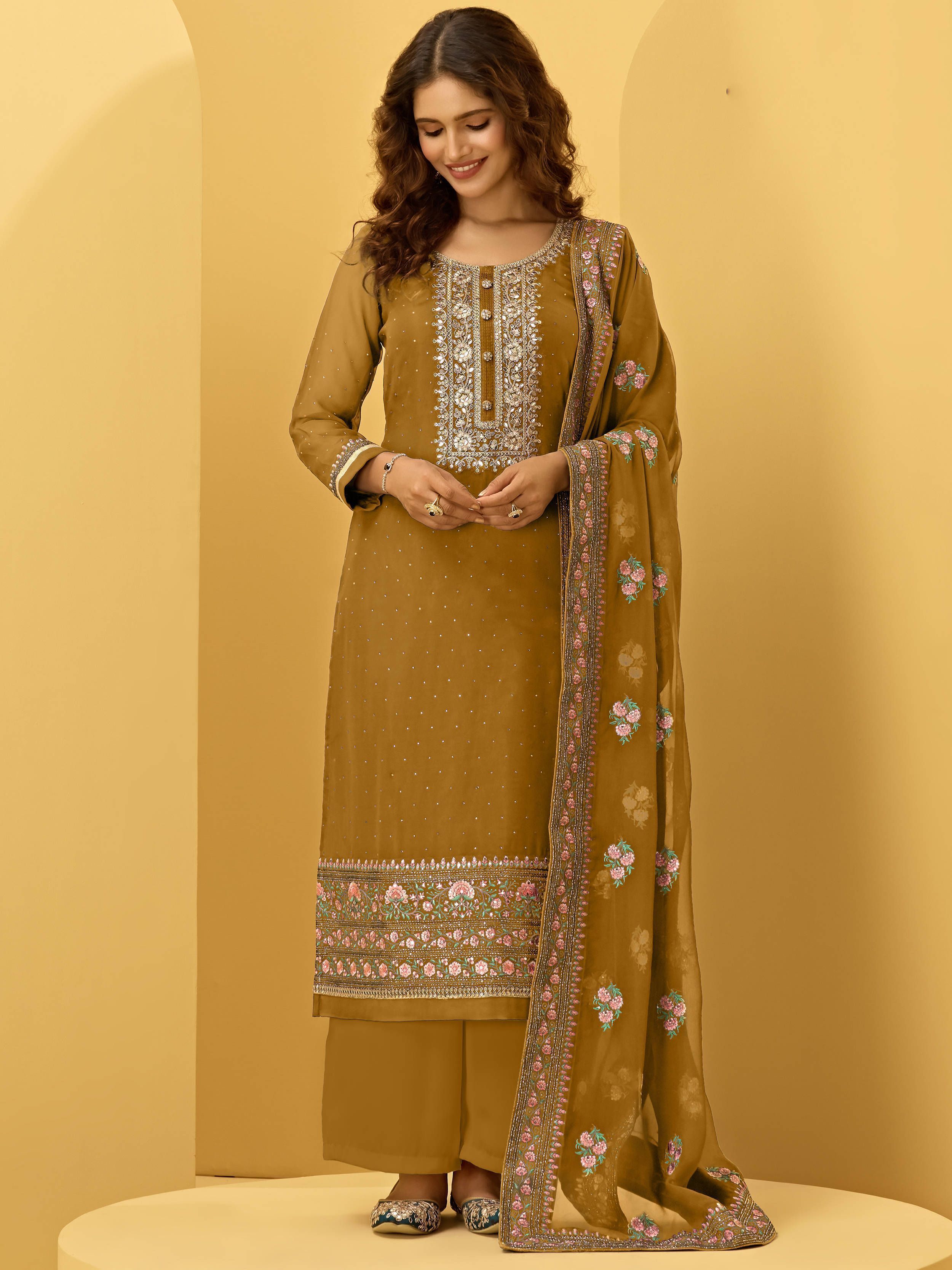 Buy DERWAFAB Women's Georgette Semi Stitched Salwar Suit In Beige Colour  SF171837 at Amazon.in