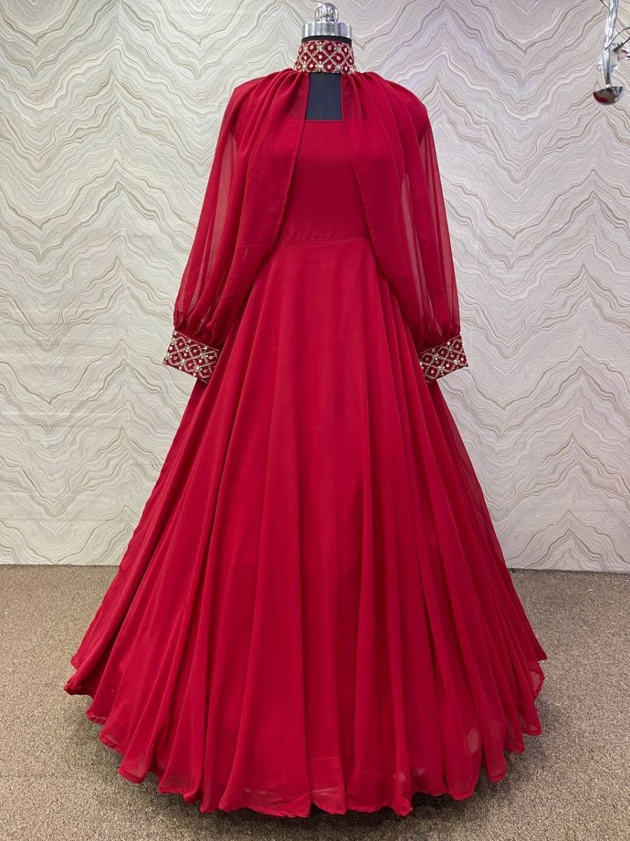 Shop Red Georgette Anarkali Gown Party Wear Online at Best Price | Cbazaar