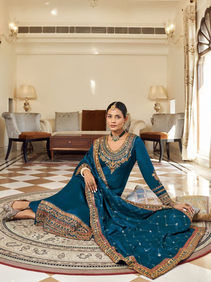 Embroidered Butterfly Net Pakistani Suit in Royal Blue - Ucchal Fashion