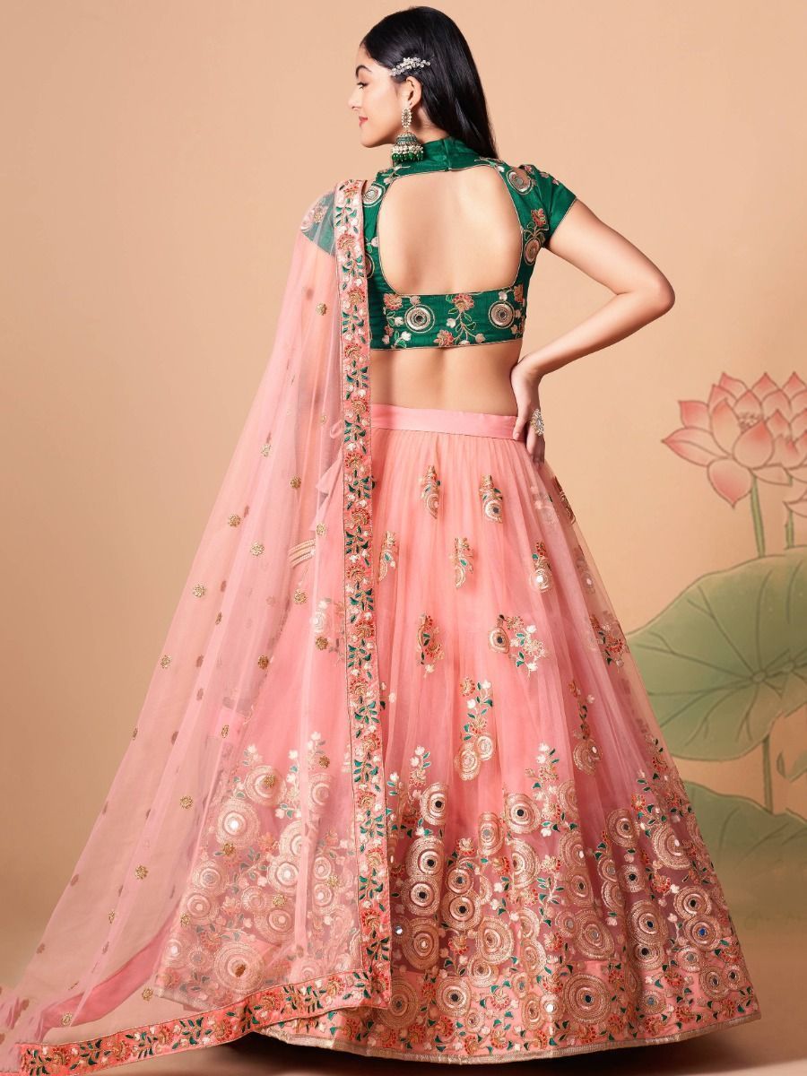 Pink and Peach Printed Lehenga in Chinon with Attached Cape