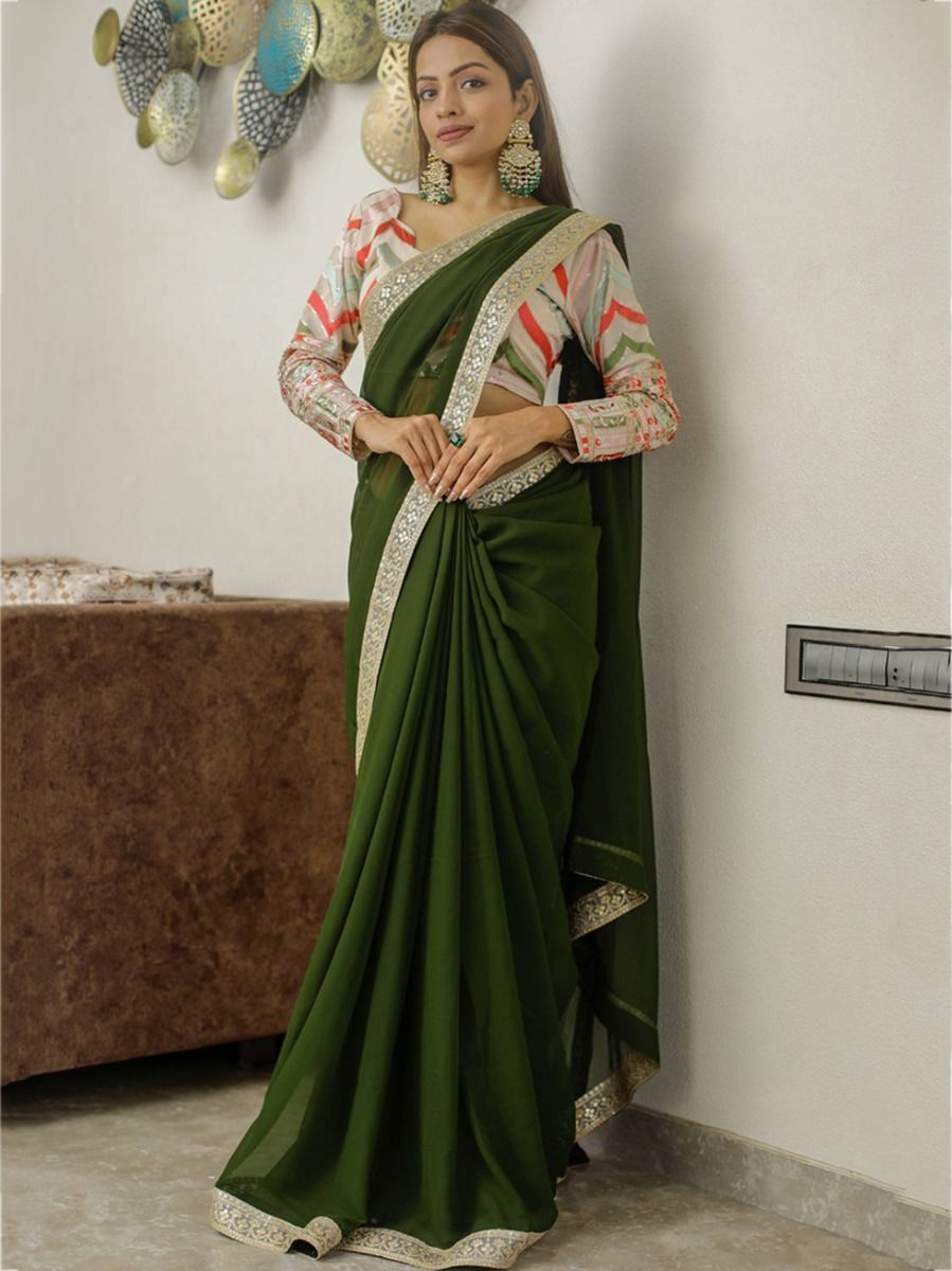 Buy Mehendi Green Georgette Embroidered Border Party Wear Saree Online