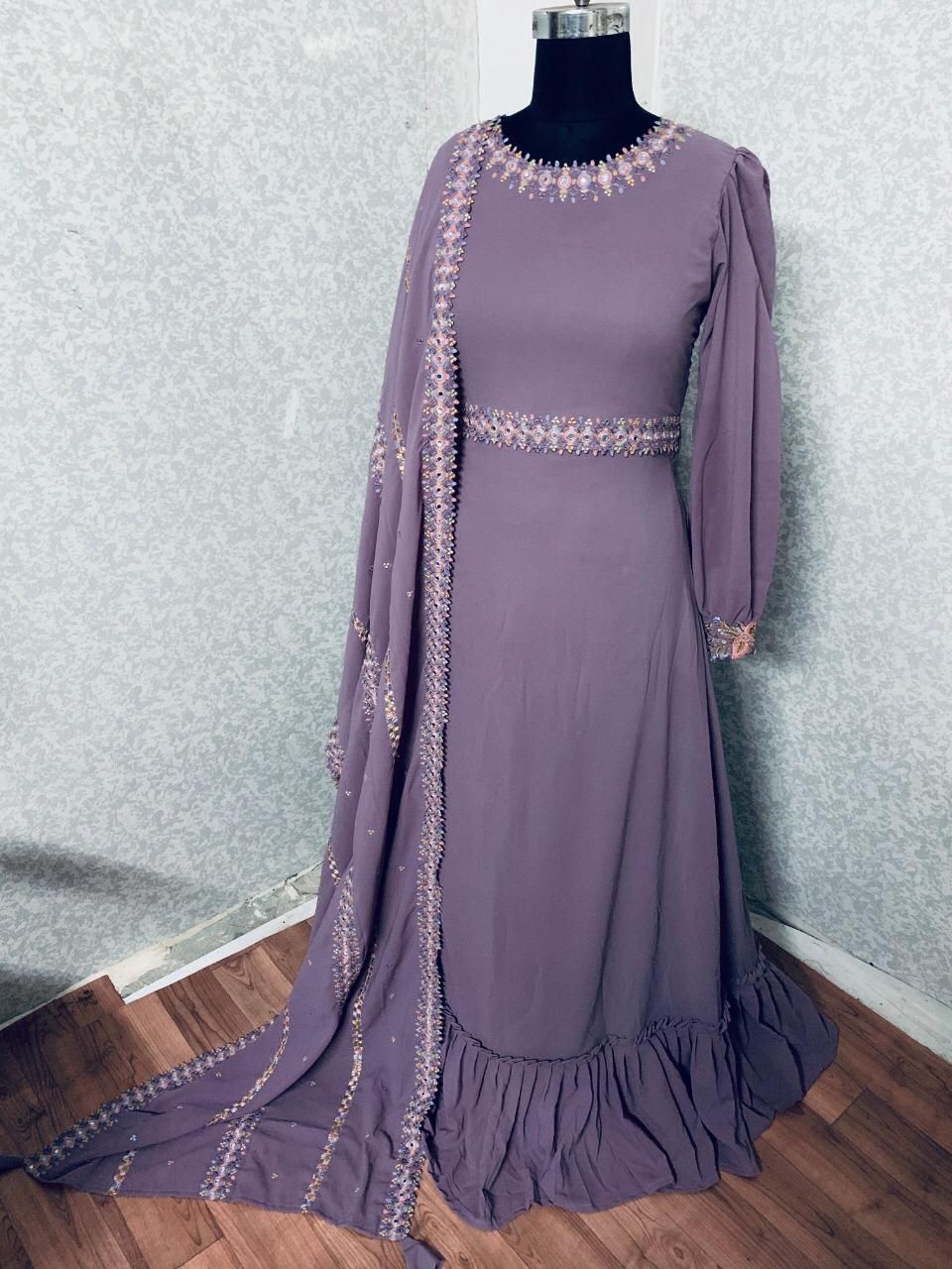 Buy Lilac Embroidered Georgette Party Wear Gown With Dupatta Online at ...
