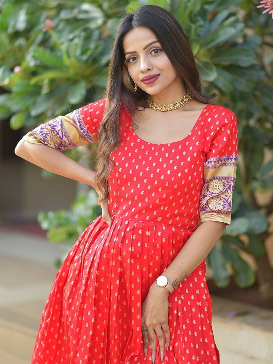 Elegant Traditional Designer Banarasi Pleating Style Gown in Orange Co –  Halfsaree-studio