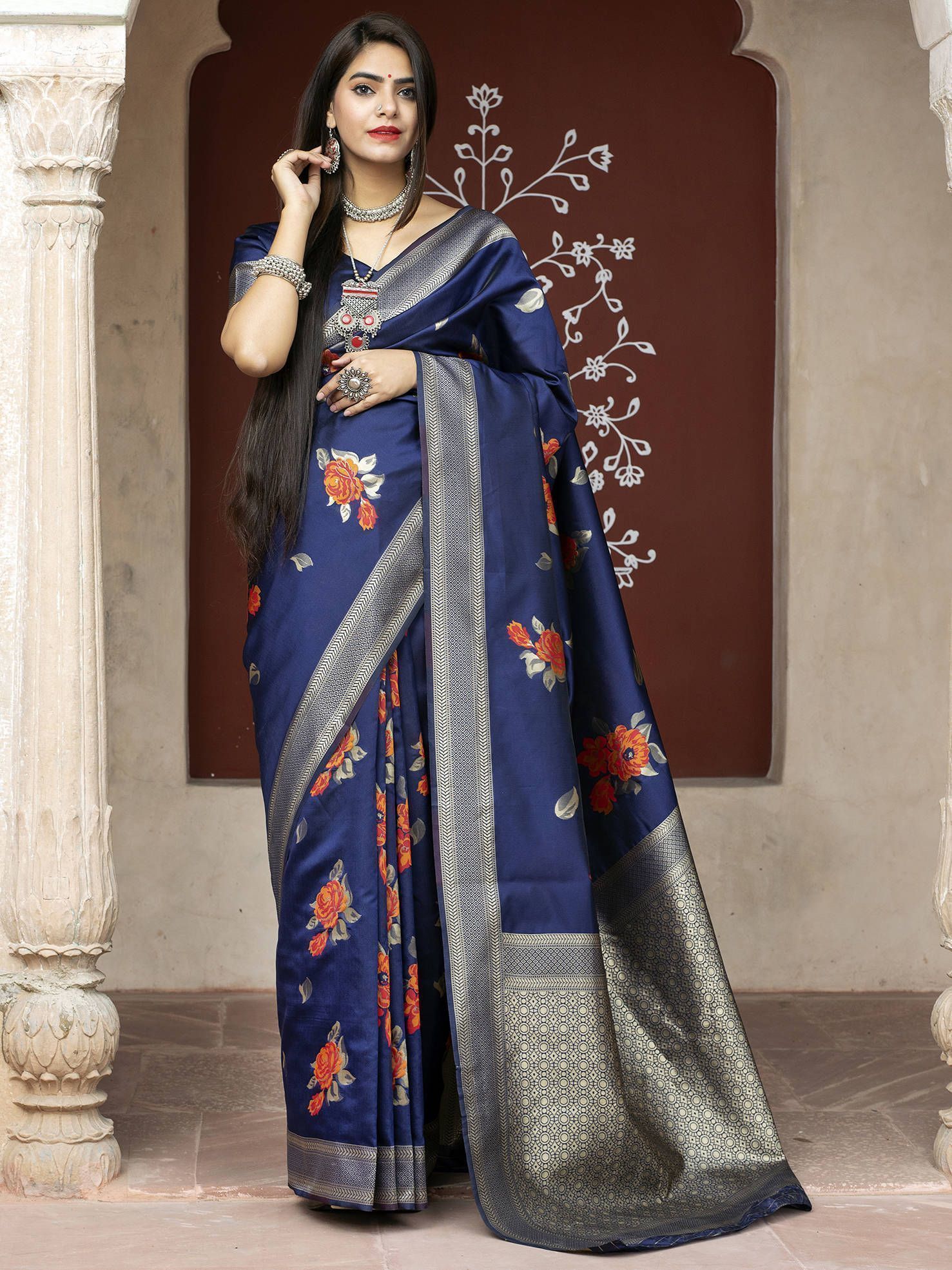 Blue Rose Floral Weaving Banarasi Silk Festive Saree