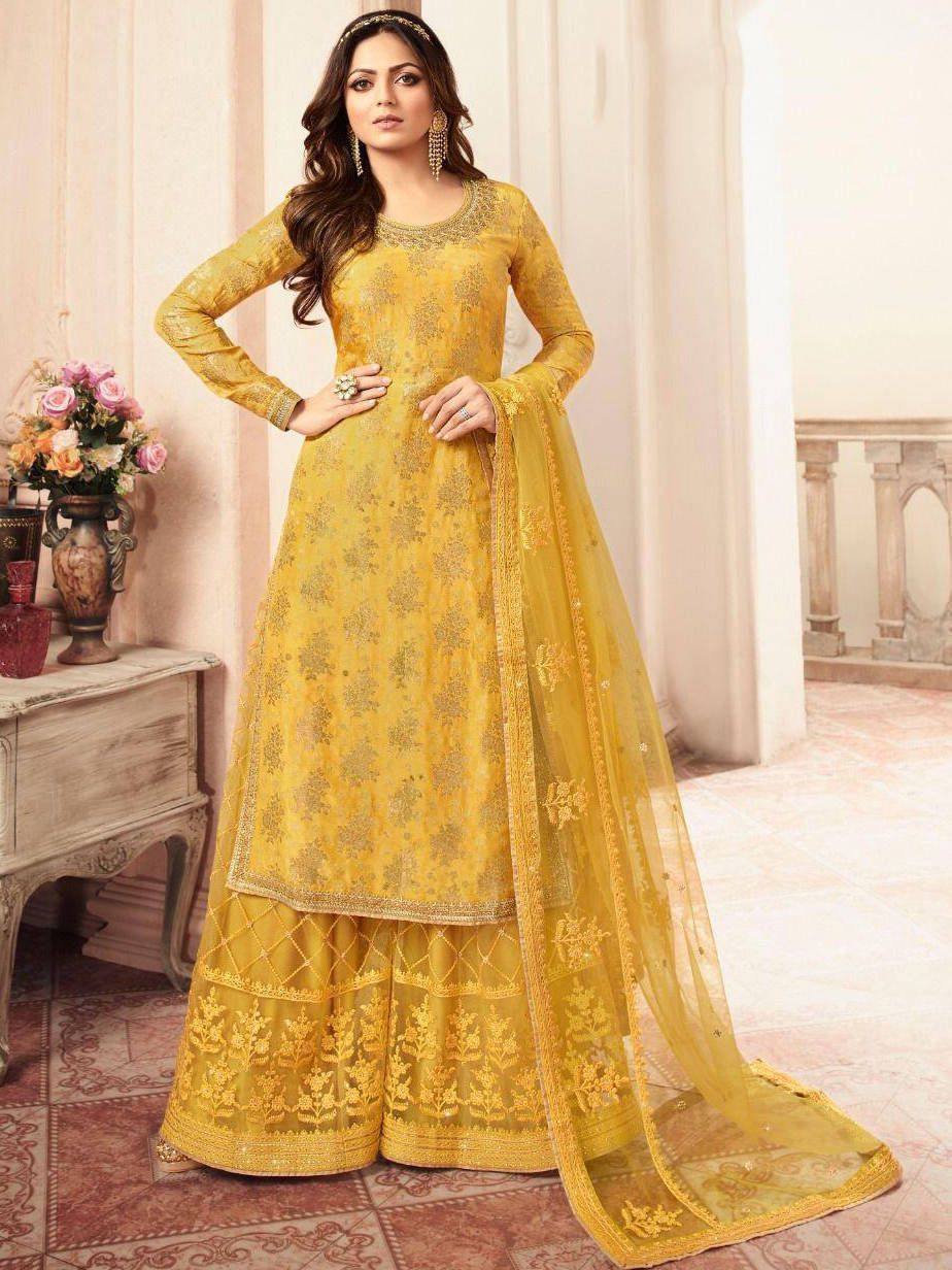 Drashti Dhami Yellow Jacquard Silk Wedding Wear Palazzo Suit