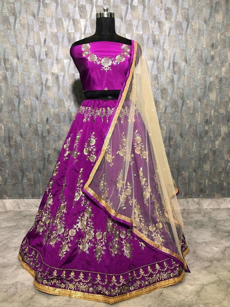 Purple Embroidered Taffeta Wedding Wear Lehenga Choli With Cream Dupatta