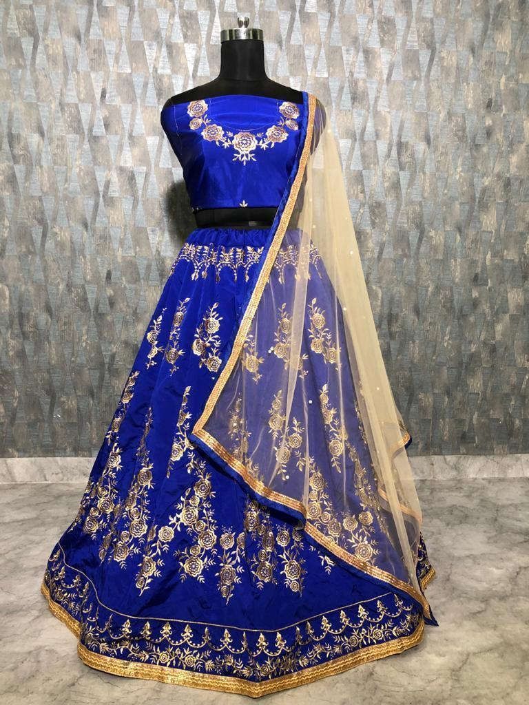 Blue Embroidered Taffeta Wedding Wear Lehenga Choli With Cream Dupatta