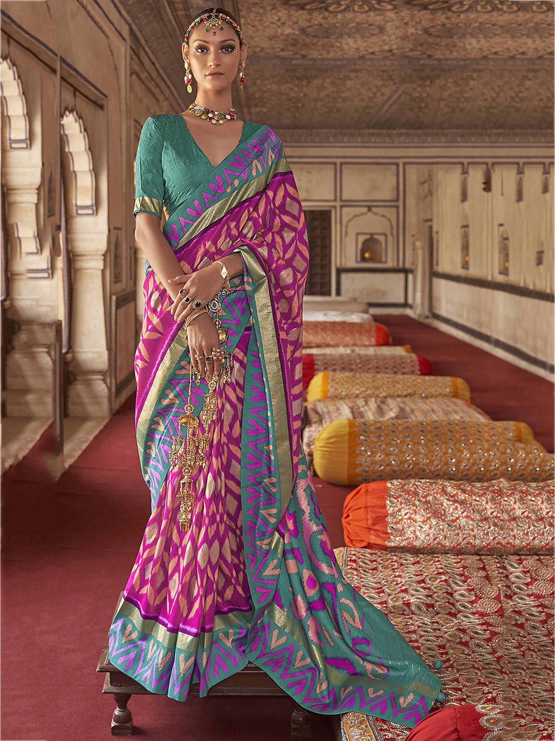 Blue & Pink Printed Patola Silk Zari Border Wedding Wear Saree