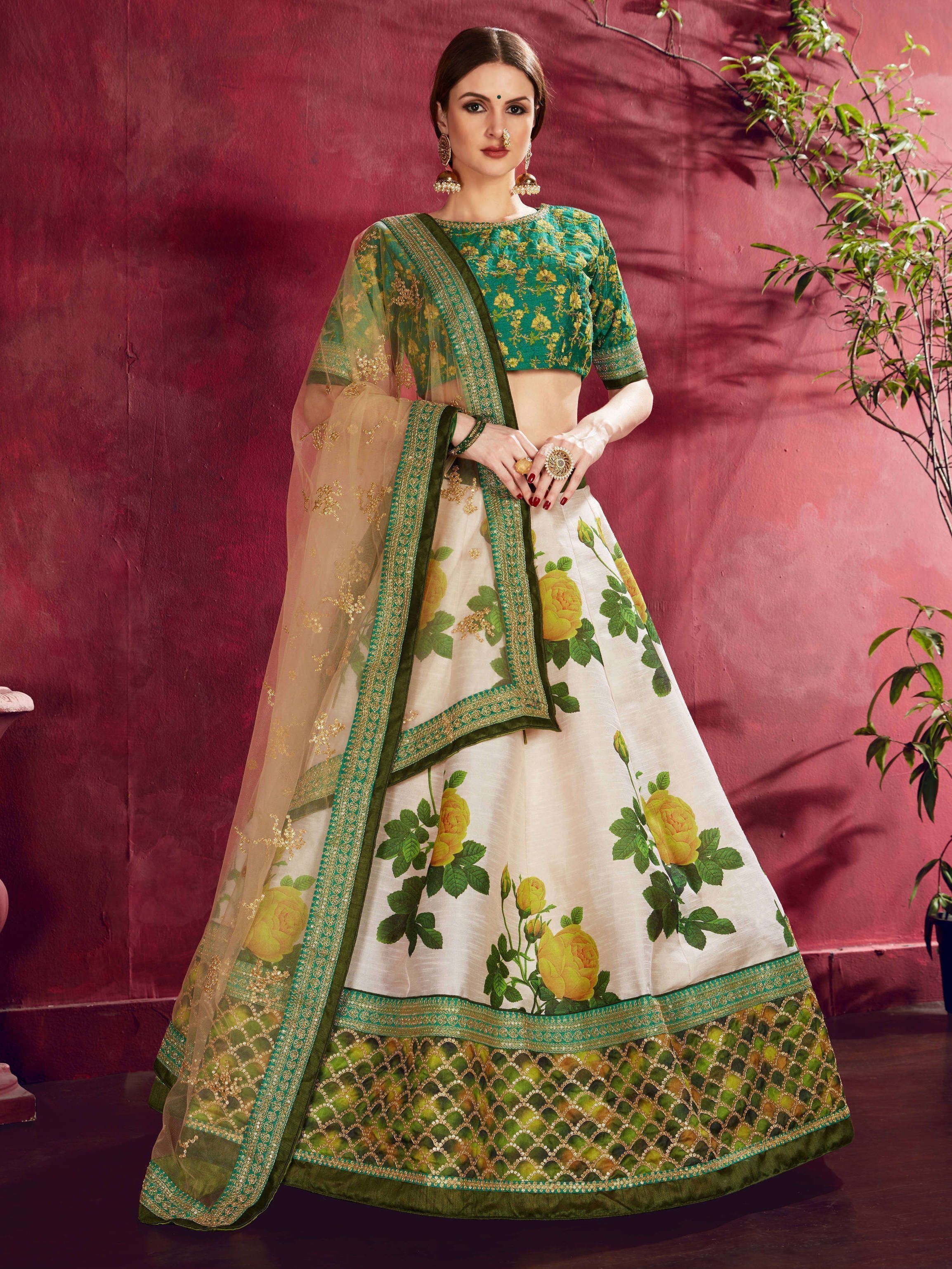 Cream-Green Floral Print Banglori Silk Bridal Lehenga Choli With Beige Dupatta