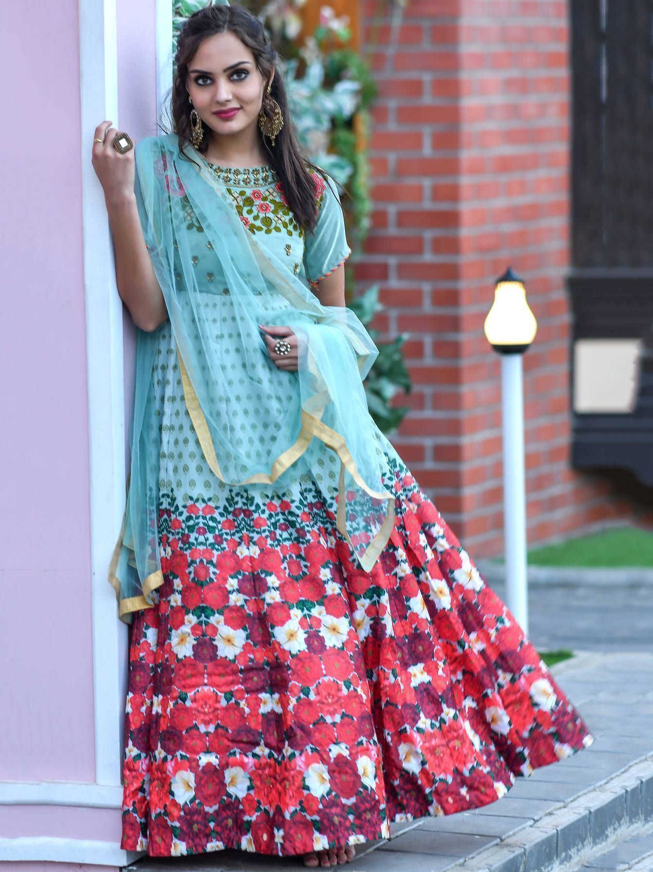 Mint Floral Hand Work Silk Festival Wear Gown With Dupatta