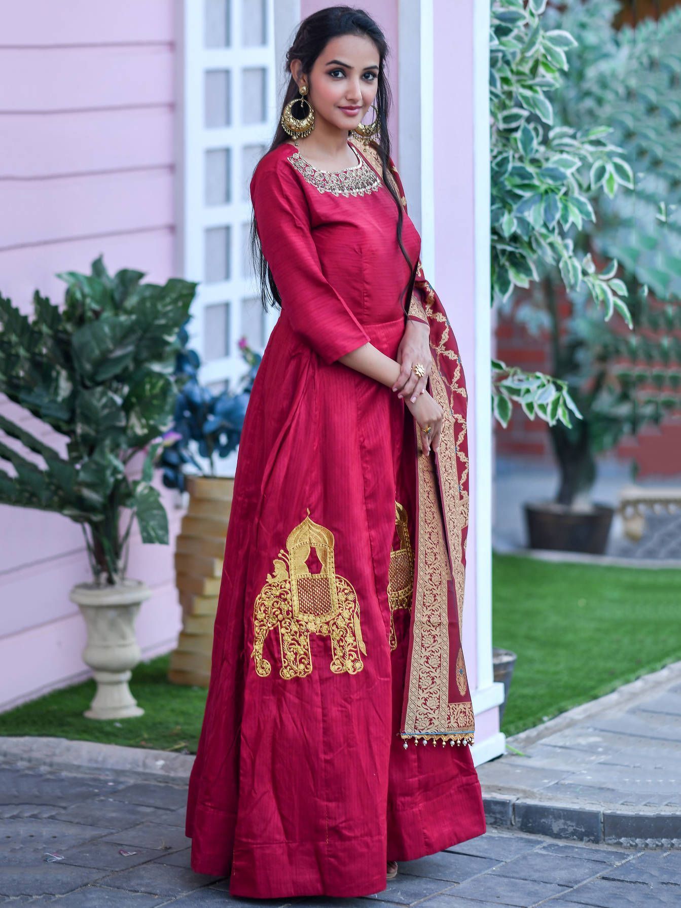 Red Hand Work Silk Festival Wear Gown With Banarasi Dupatta