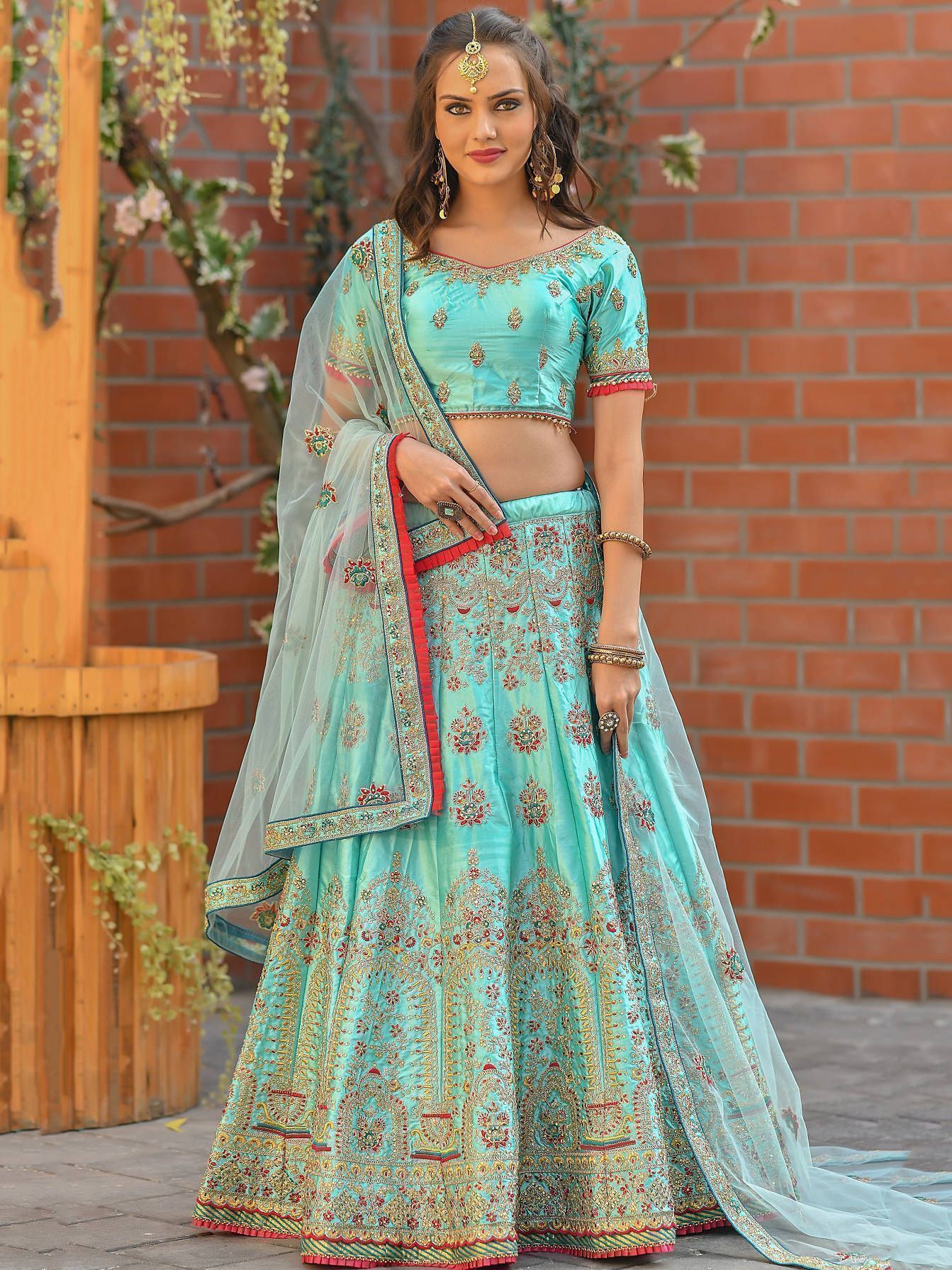 Sky Blue Resham Embroidered Satin Wedding Wear Lehenga Choli