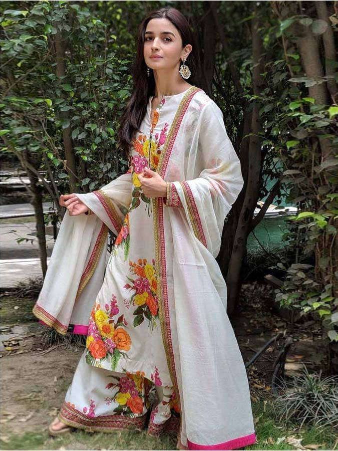 Alia Bhatt White Floral Printed Silk Palazzo Suit