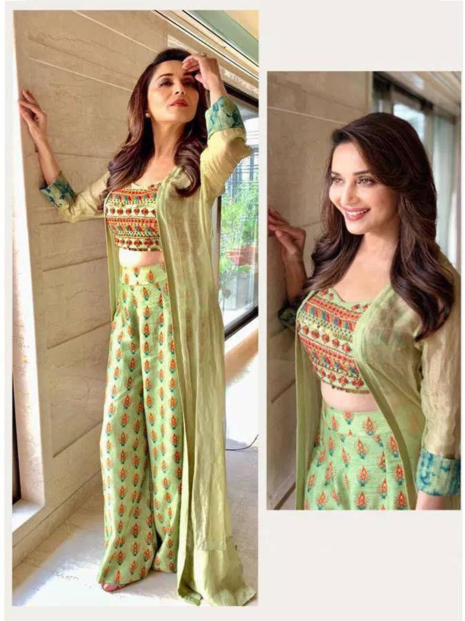 Madhuri Dixit Pastel Green Front Slit Embroidered Palazzo Suit