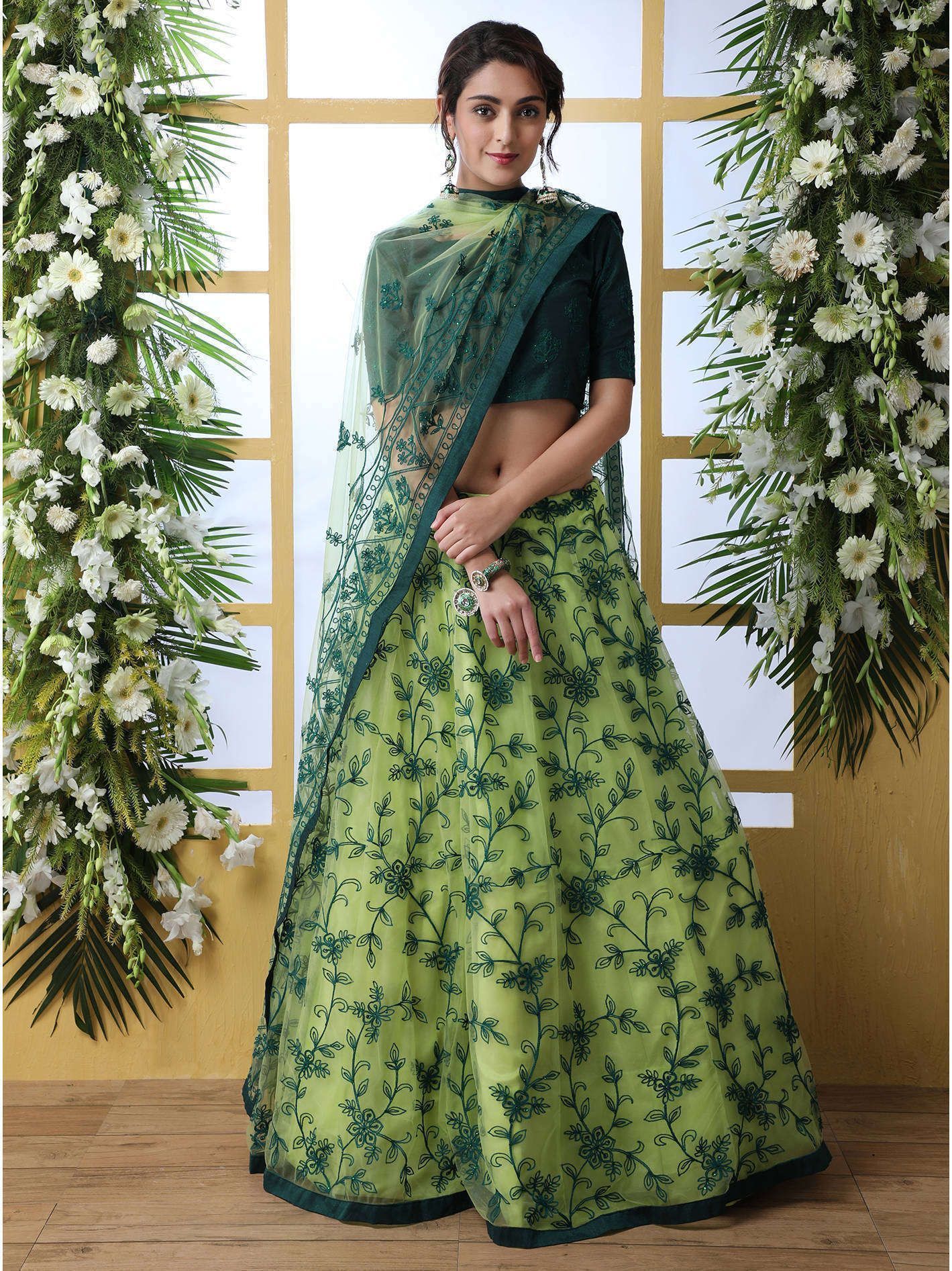Green Thread Embroidered Festival Wear Lehenga Choli With Dupatta