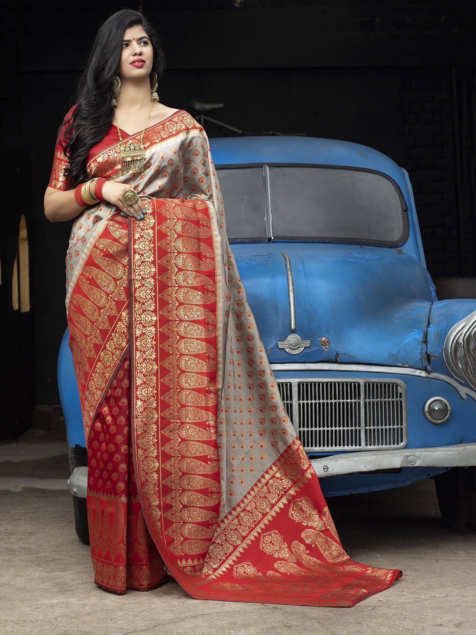 Red-Grey Banarasi Silk Festival Wear Saree With Blouse
