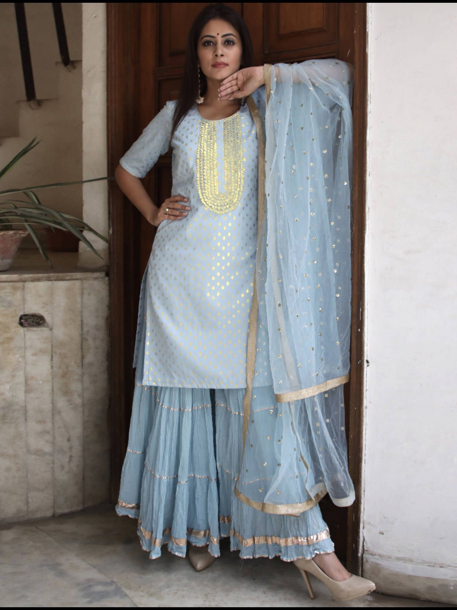 Readymade Light Blue Butti Work Jacquard Silk Festive Wear Straight Cut Sharara Suit