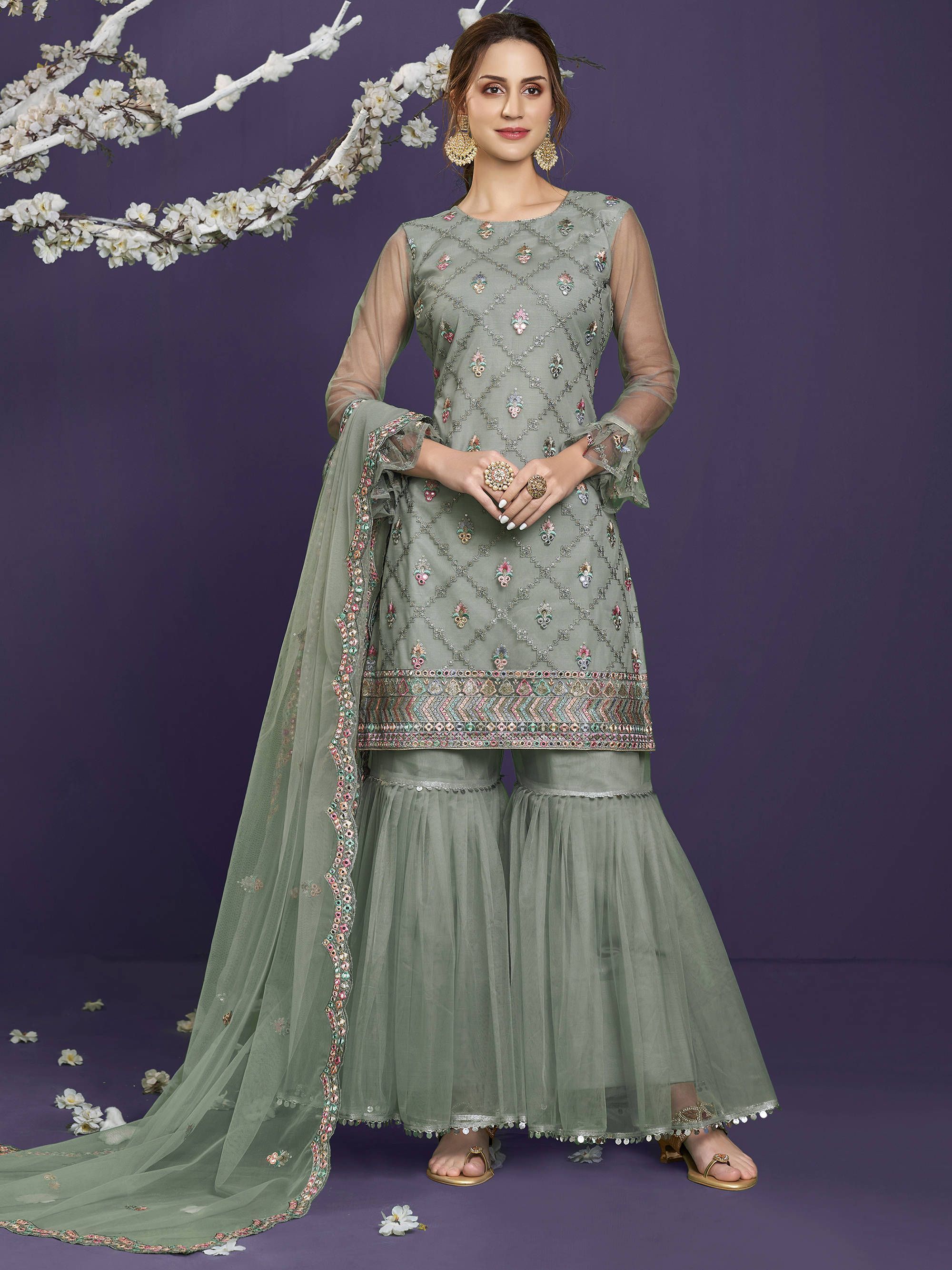 Viridian Green Butterfly Net Wedding Wear Sharara Suit