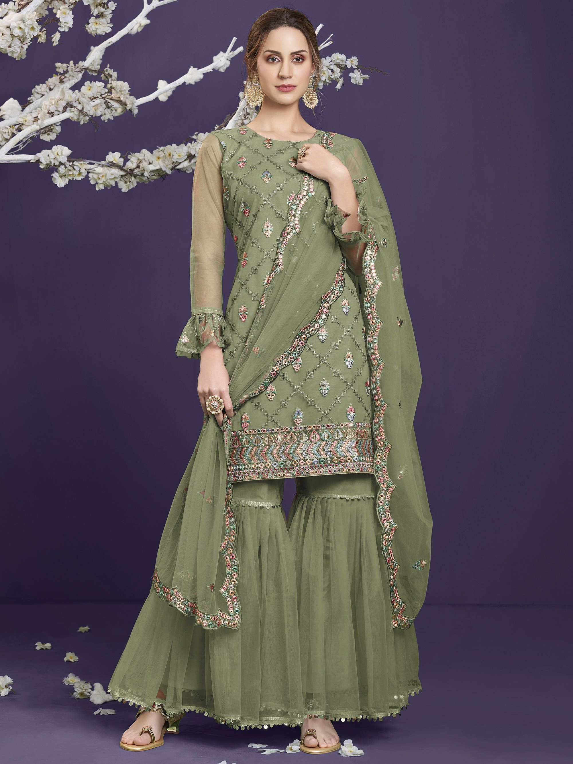 Green Butterfly Net Wedding Wear Sharara Suit