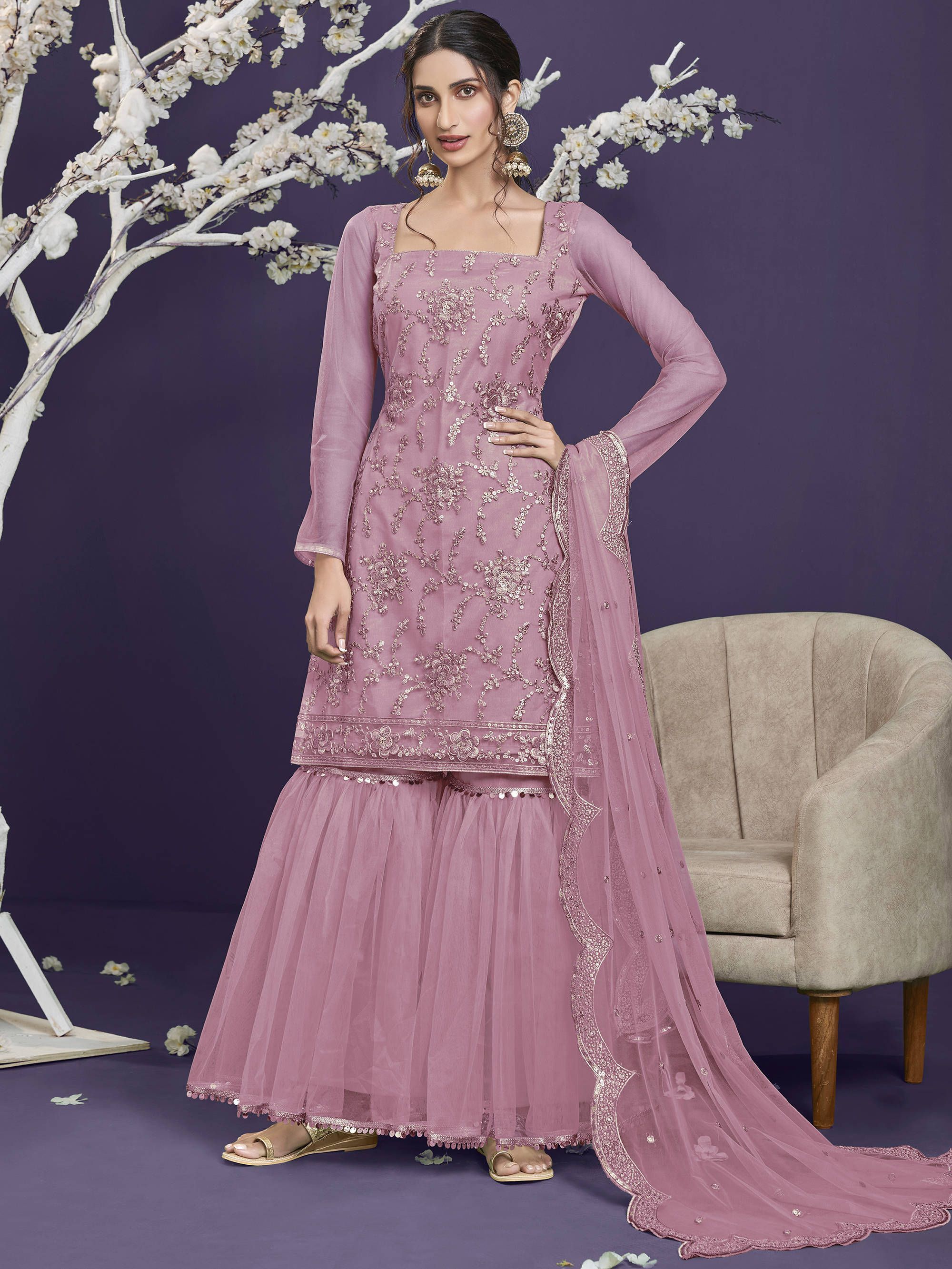 Baby Pink Butterfly Net Wedding Wear Sharara Suit