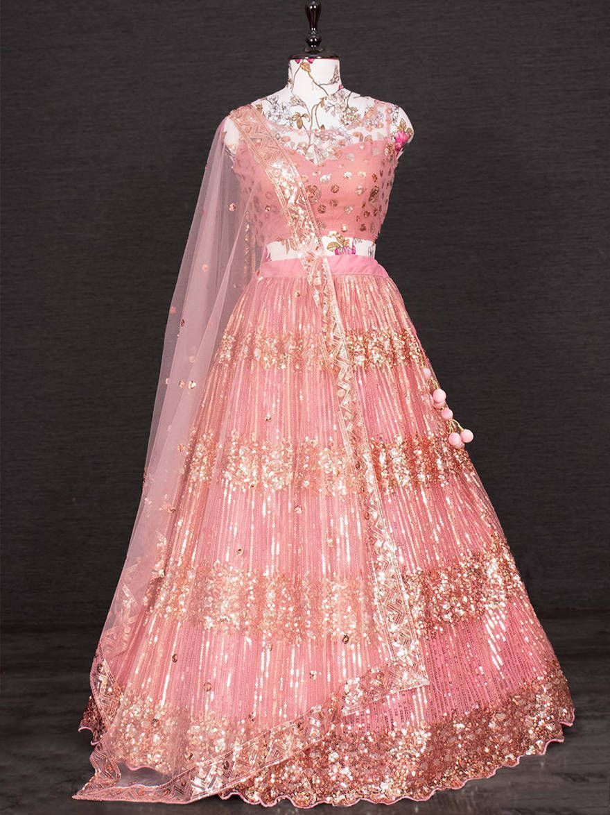 Elegant Pink Sequence Embroidery Net Wedding Wear Lehenga Choli